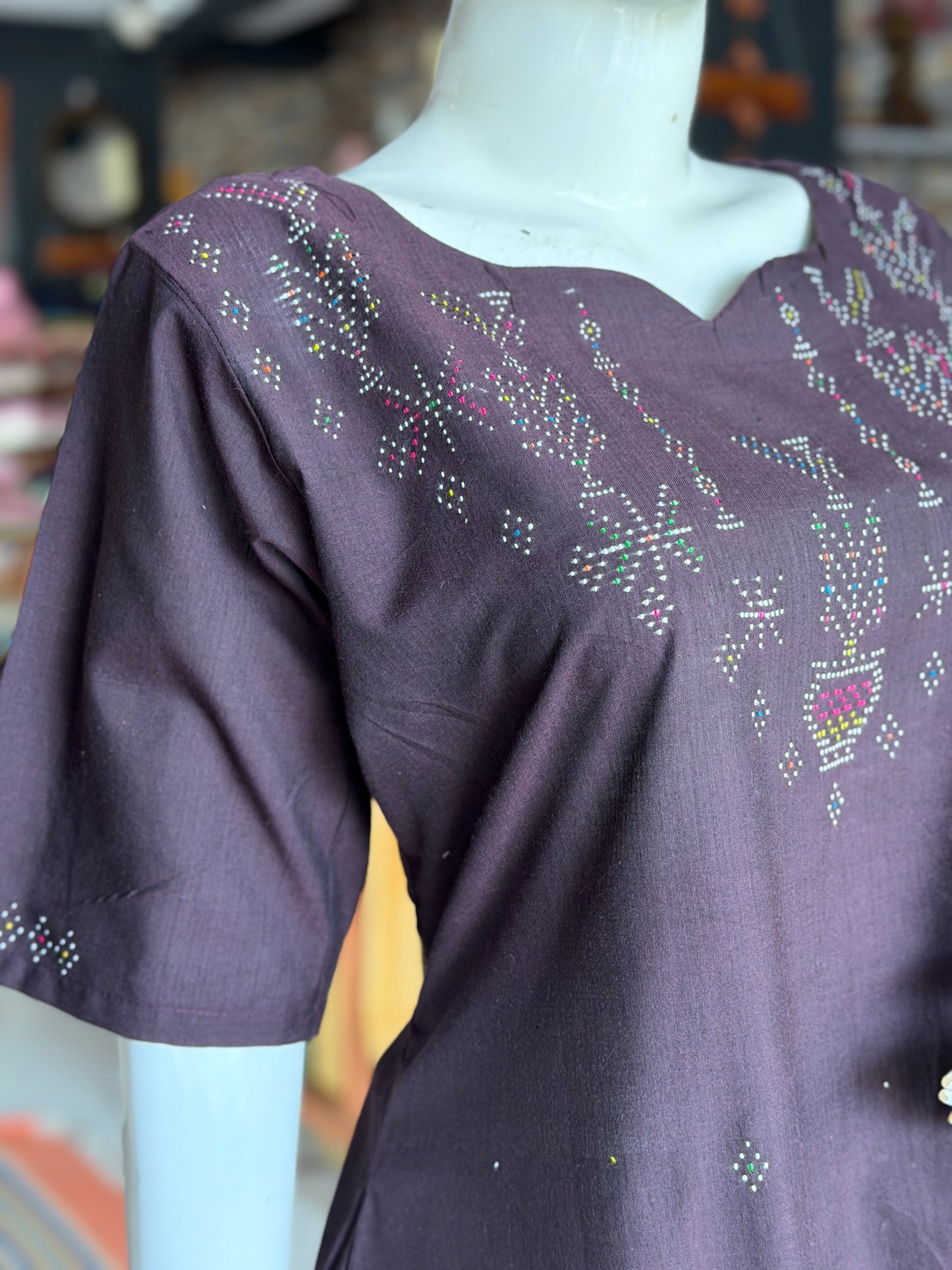 Wine Brown Tangaliya handwoven cotton a-line kurti / dress