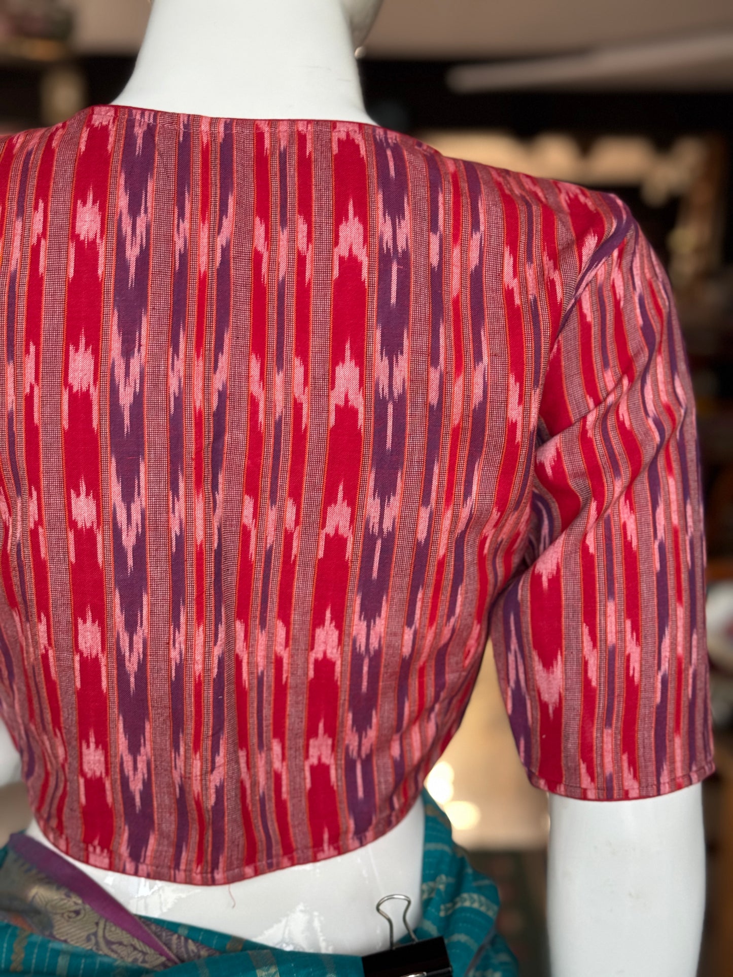 Red and violet stripes handloom ikat cotton blouse with piping details and lining