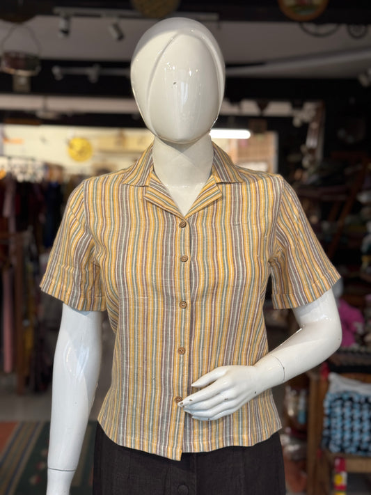 Yellow, green, purple stripes hand woven kala cotton shirt for women