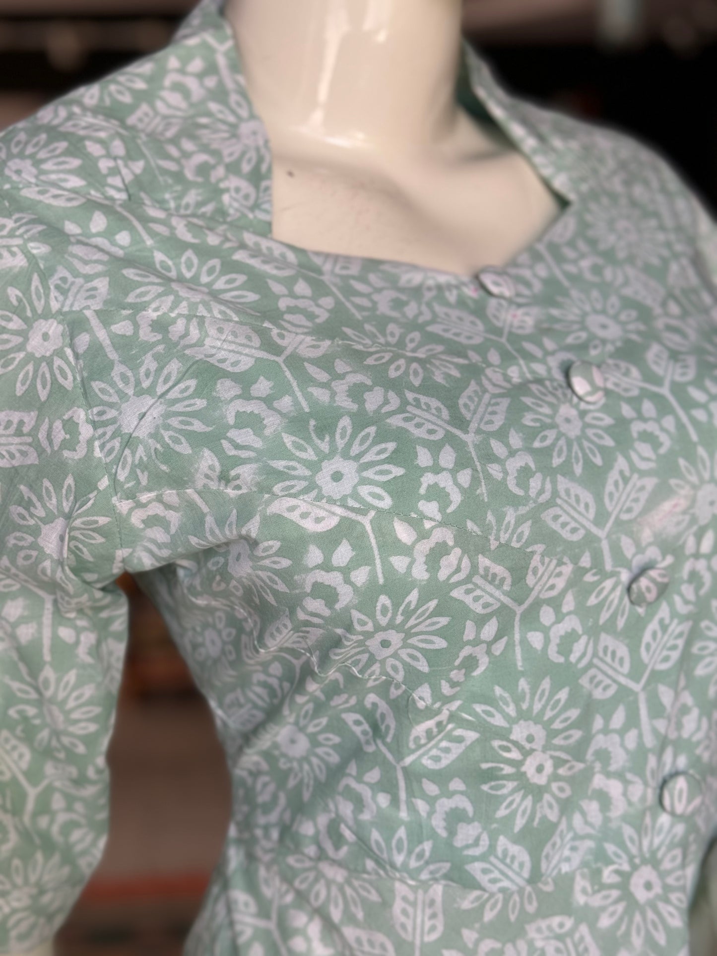 Sea Green floral hand block printed cotton dress with neck detailing