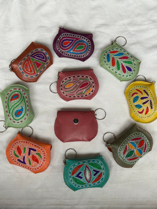 Key ring - leather with hand embroidery - multiple designs and color options available
