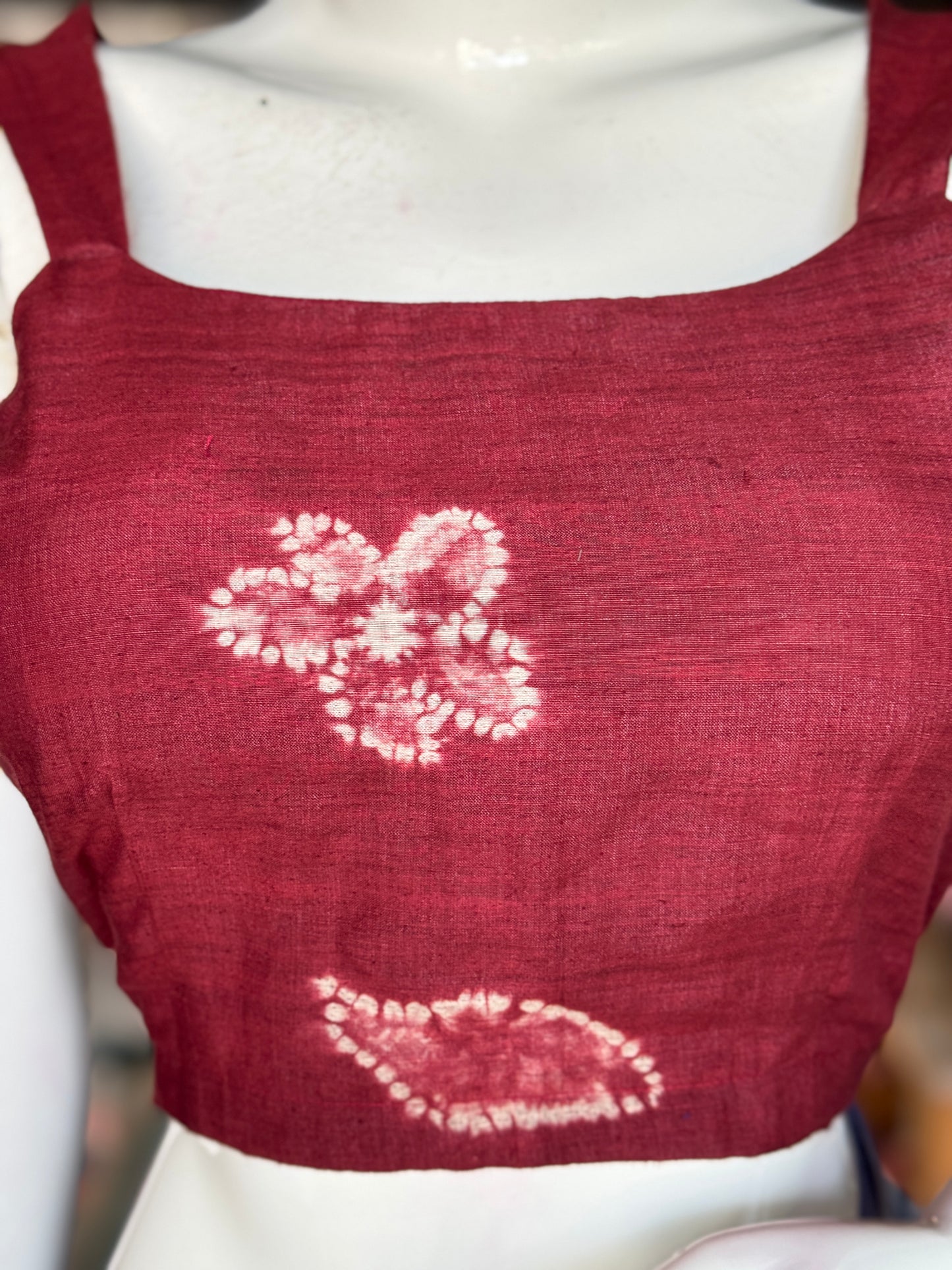 Maroon needle tie n dye shibori silk blouse with strap sleeves