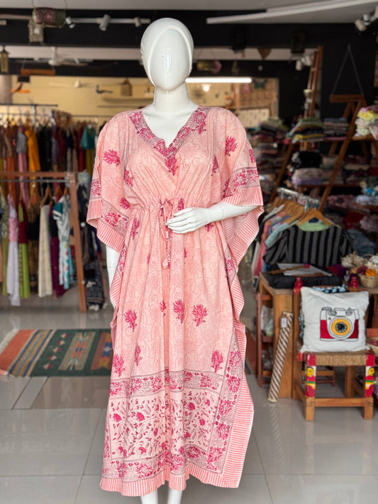 Kaftan nighty in hand block printed cotton with 3 sides borders - free size - print options available - lounge wear / night wear