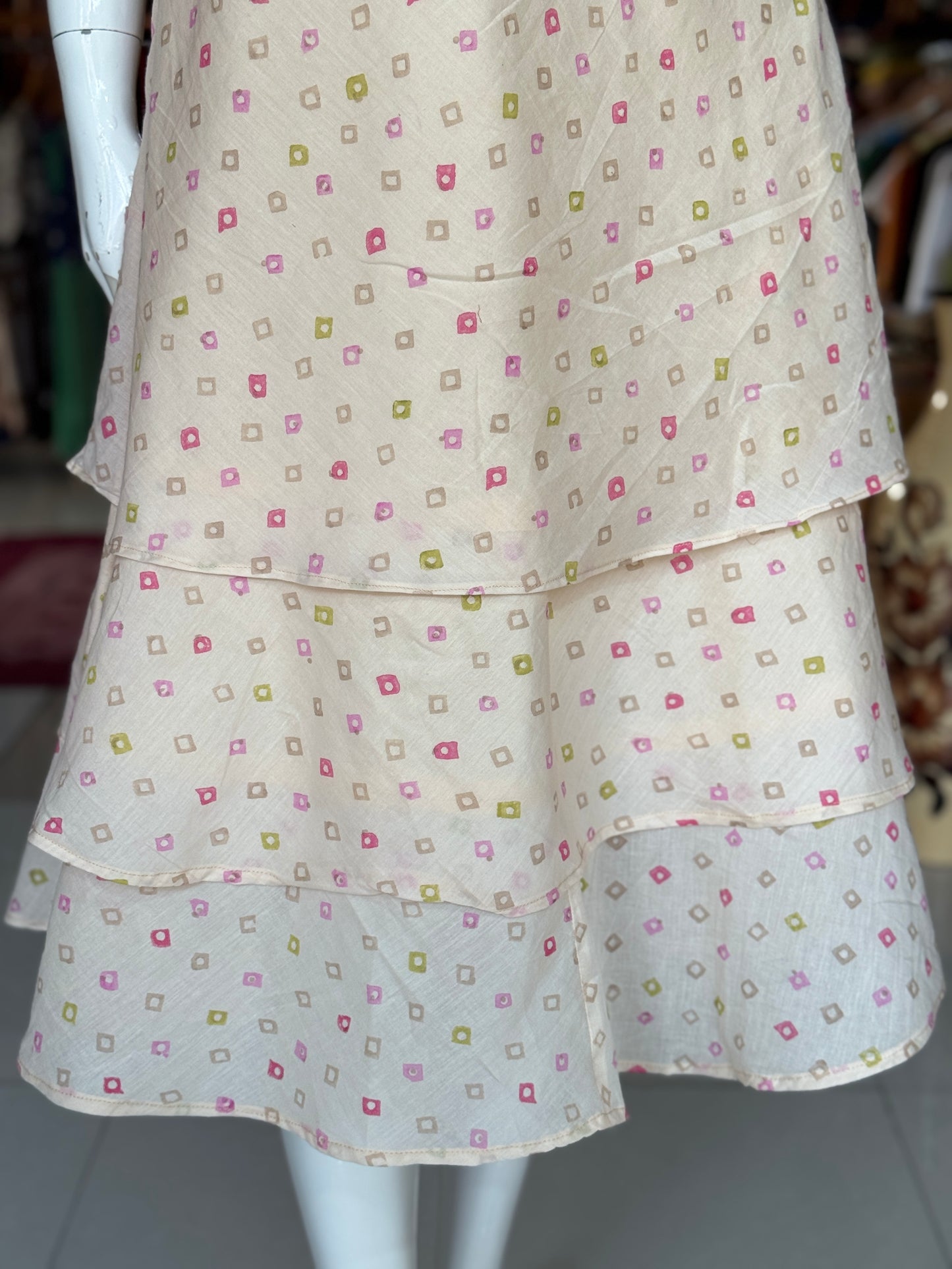 Cream diamond handblock print soft mul cotton layered umbrella dress with lining