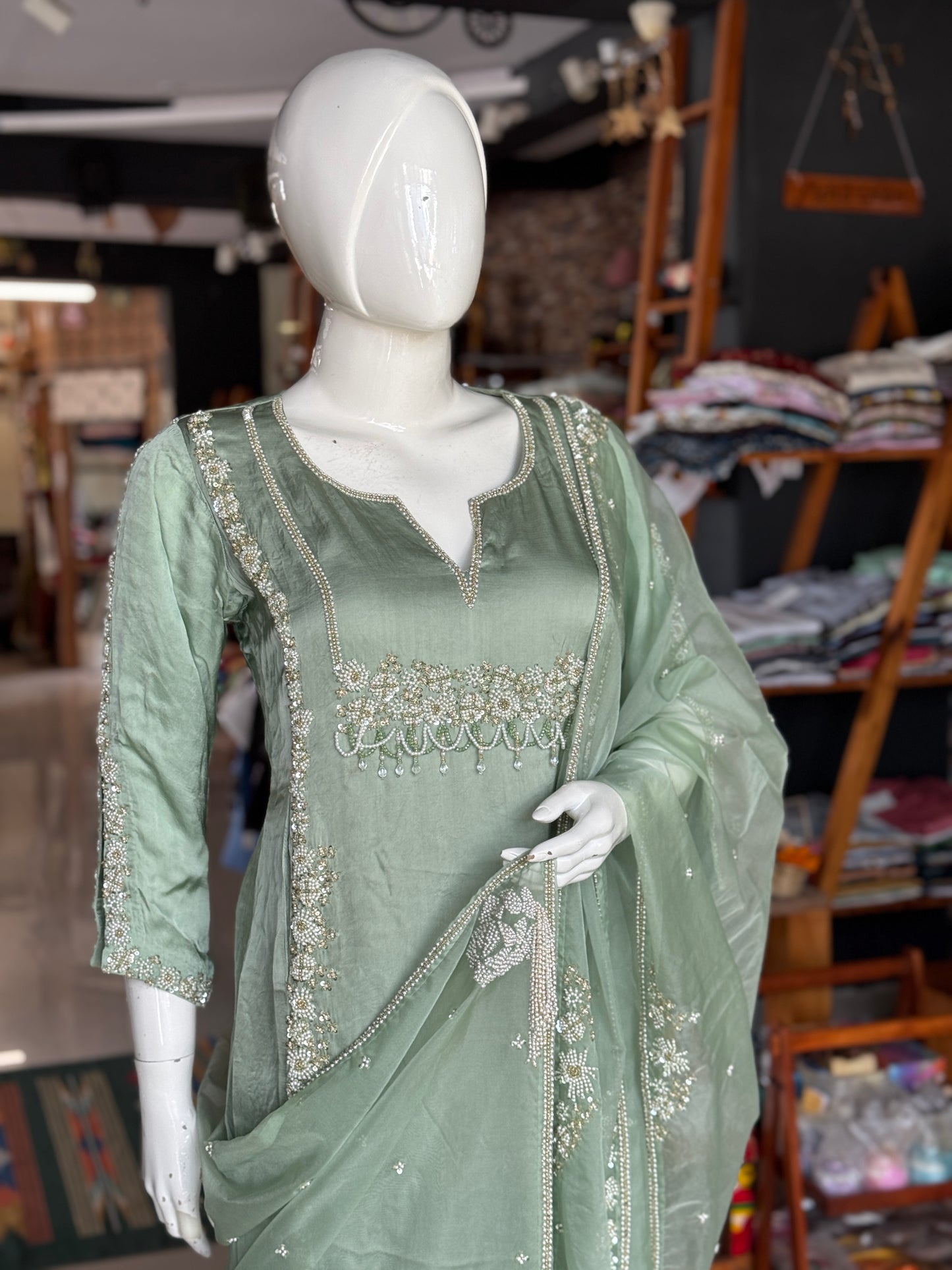 Pastel green magic - hand embroidered long satin georgette kurti, cotton silk pants, organza dupatta - 3 piece set