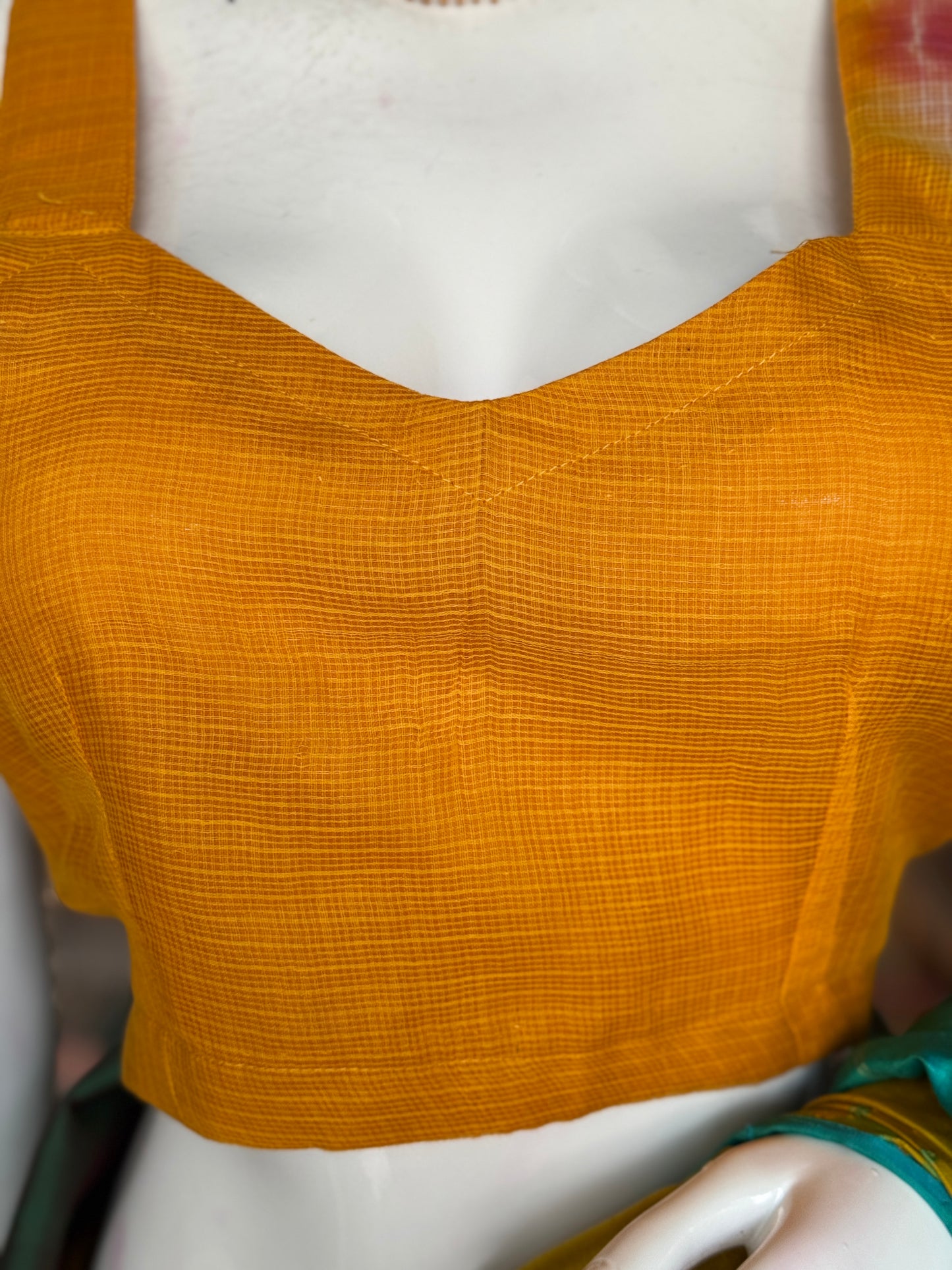 Mango yellow kota cotton back open strap sleeves blouse
