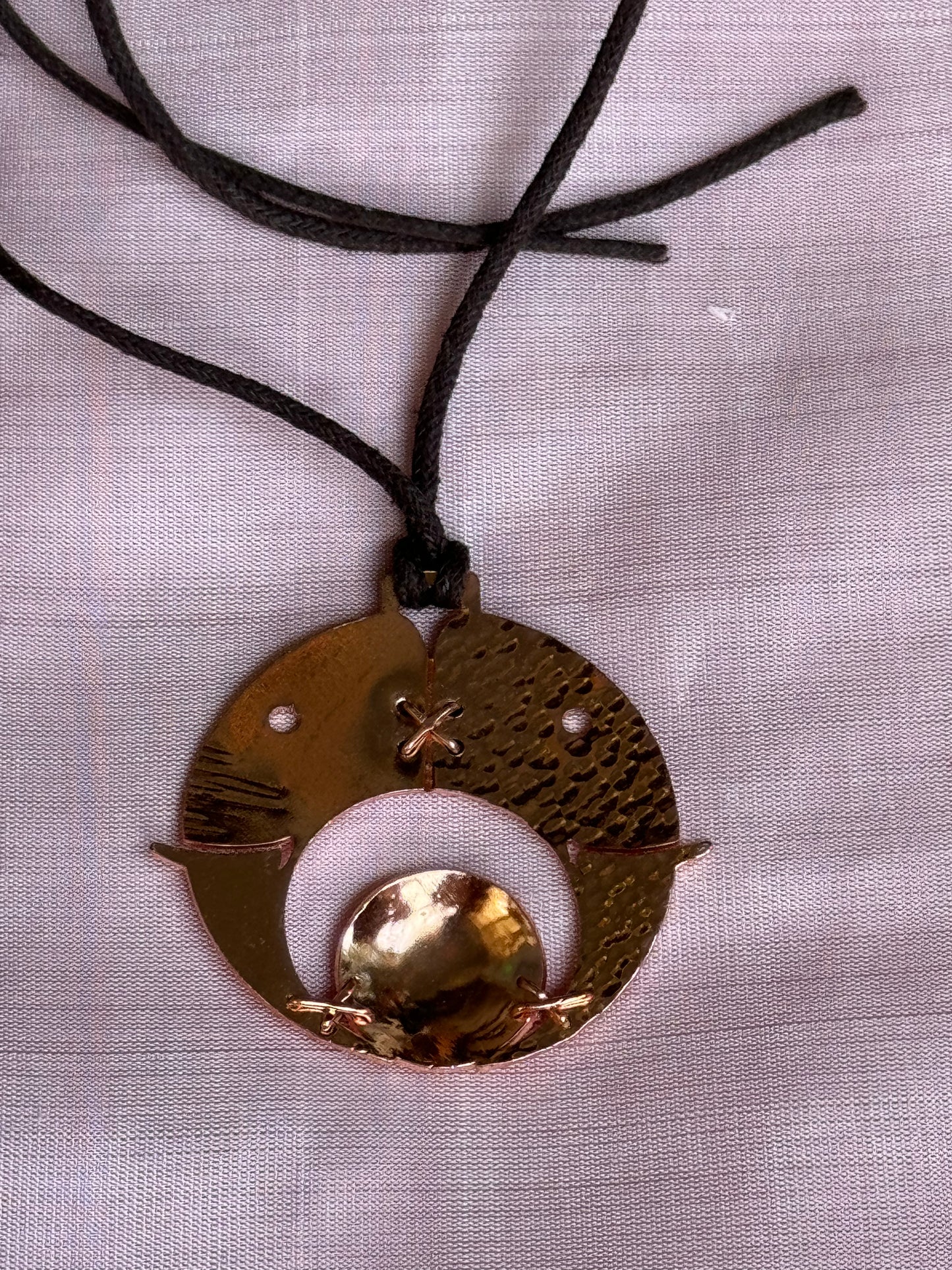 Twin elephants - plain and hammered - handcrafted copper pendant with brown thread