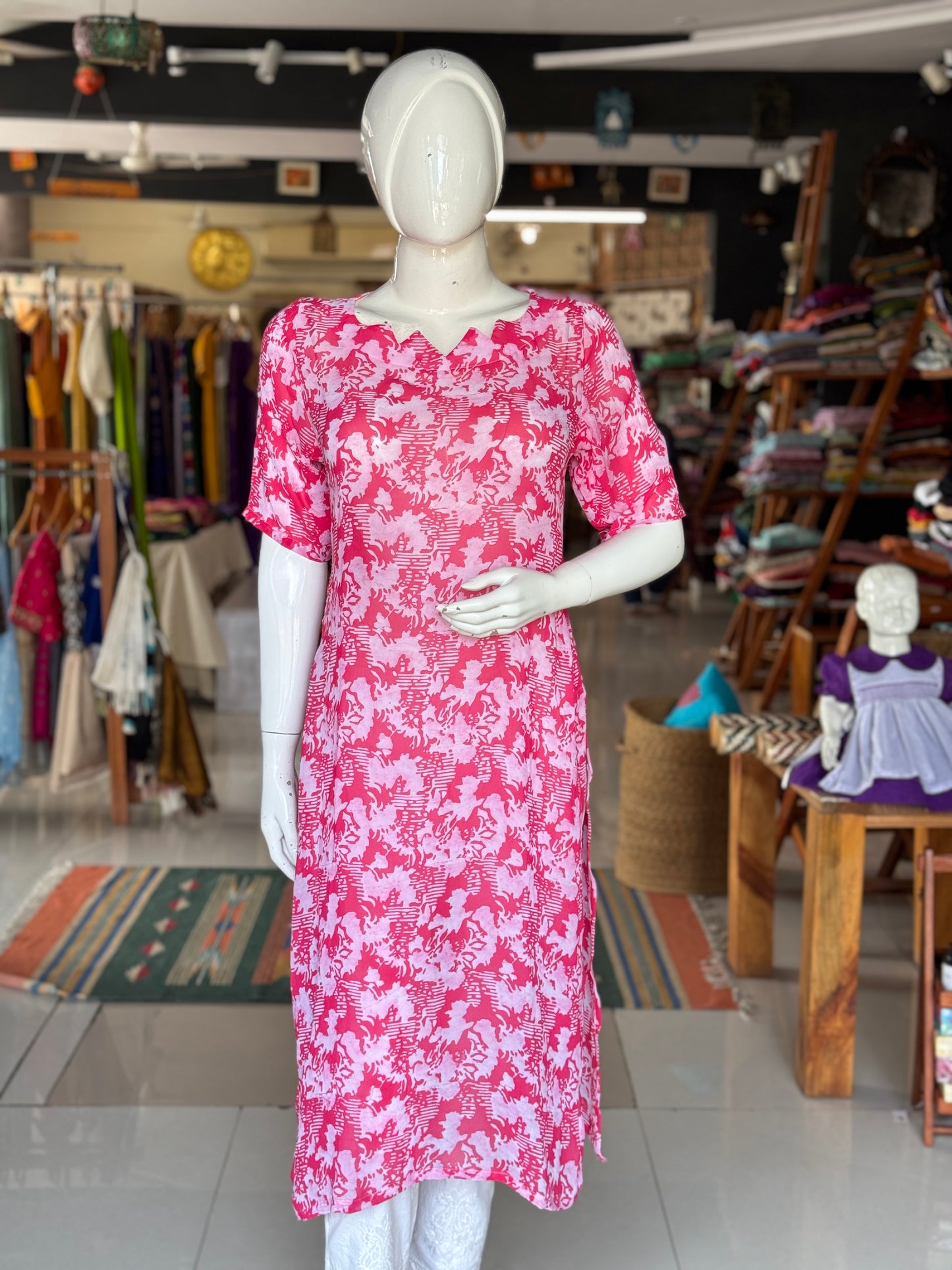 Pink and white hand batik georgette straight kurta