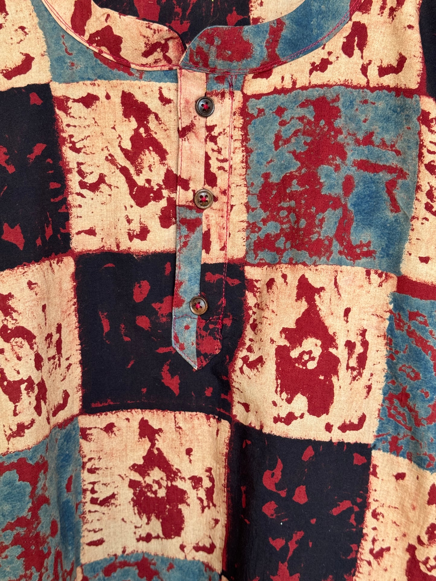 Cream, Indigo, black squares ajrakh hand block printed full sleeves cotton kurta for boys