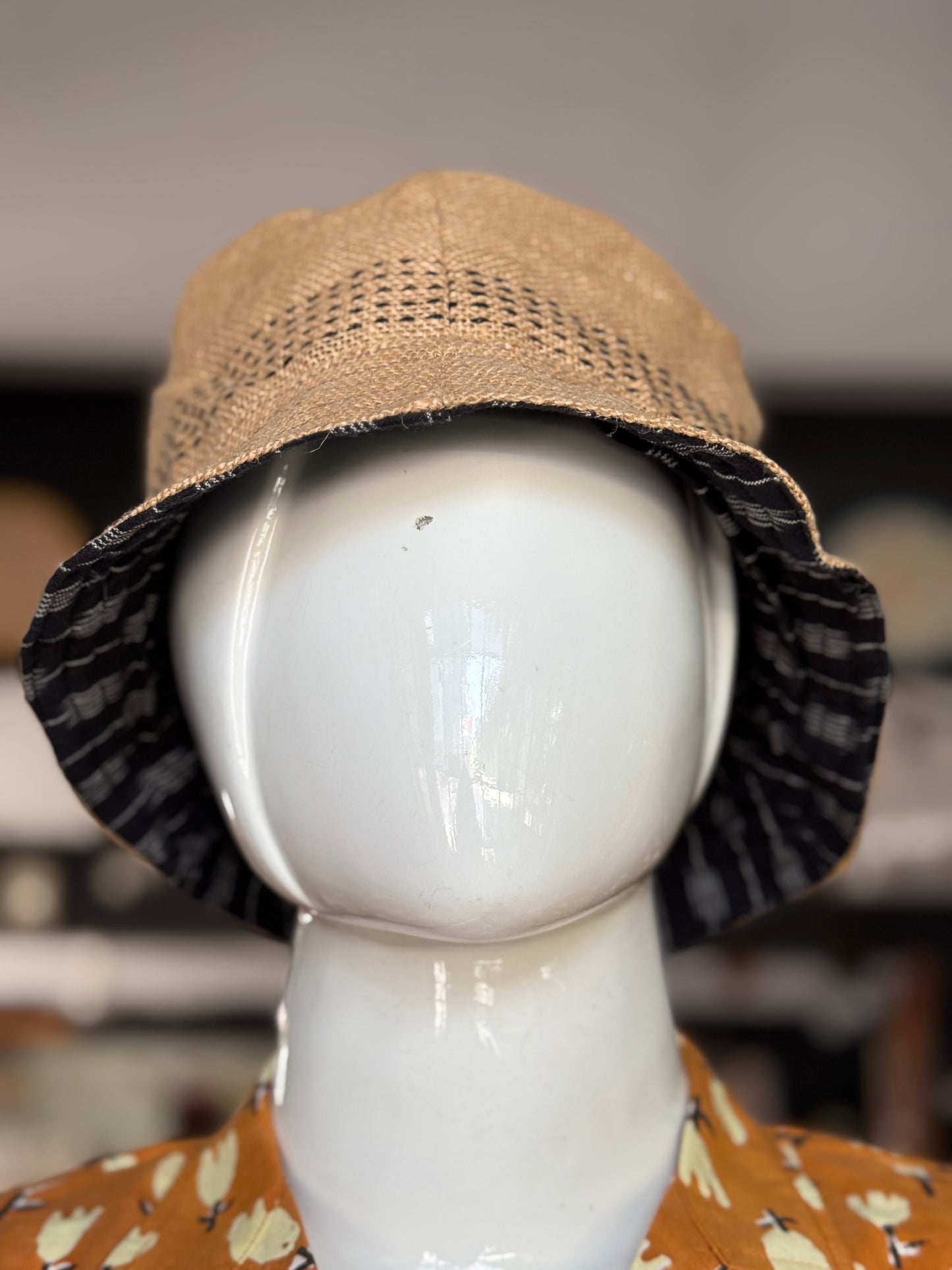 Jute and cotton hand embroidered reversible hat