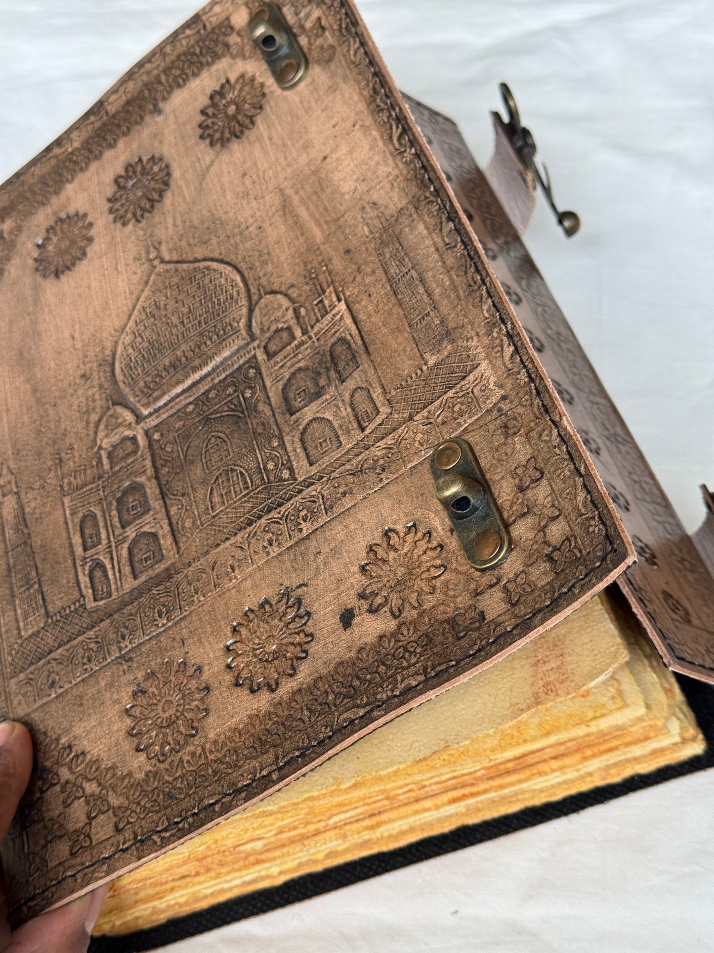 Deckle edged Leather embossed handcrafted notebook with thick handmade papers - 10 x 7 in