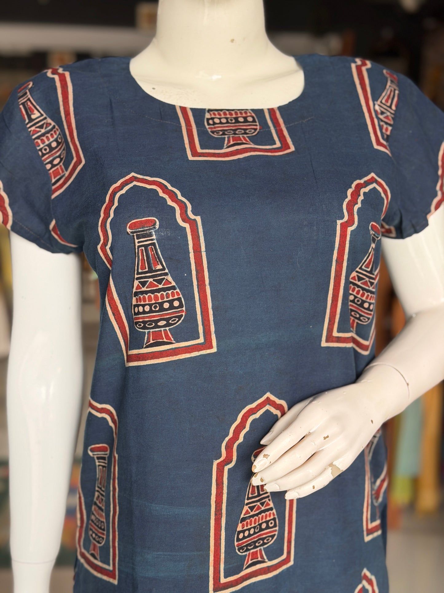 Indigo vase print Ajrakh hand block printed cotton straight kurti
