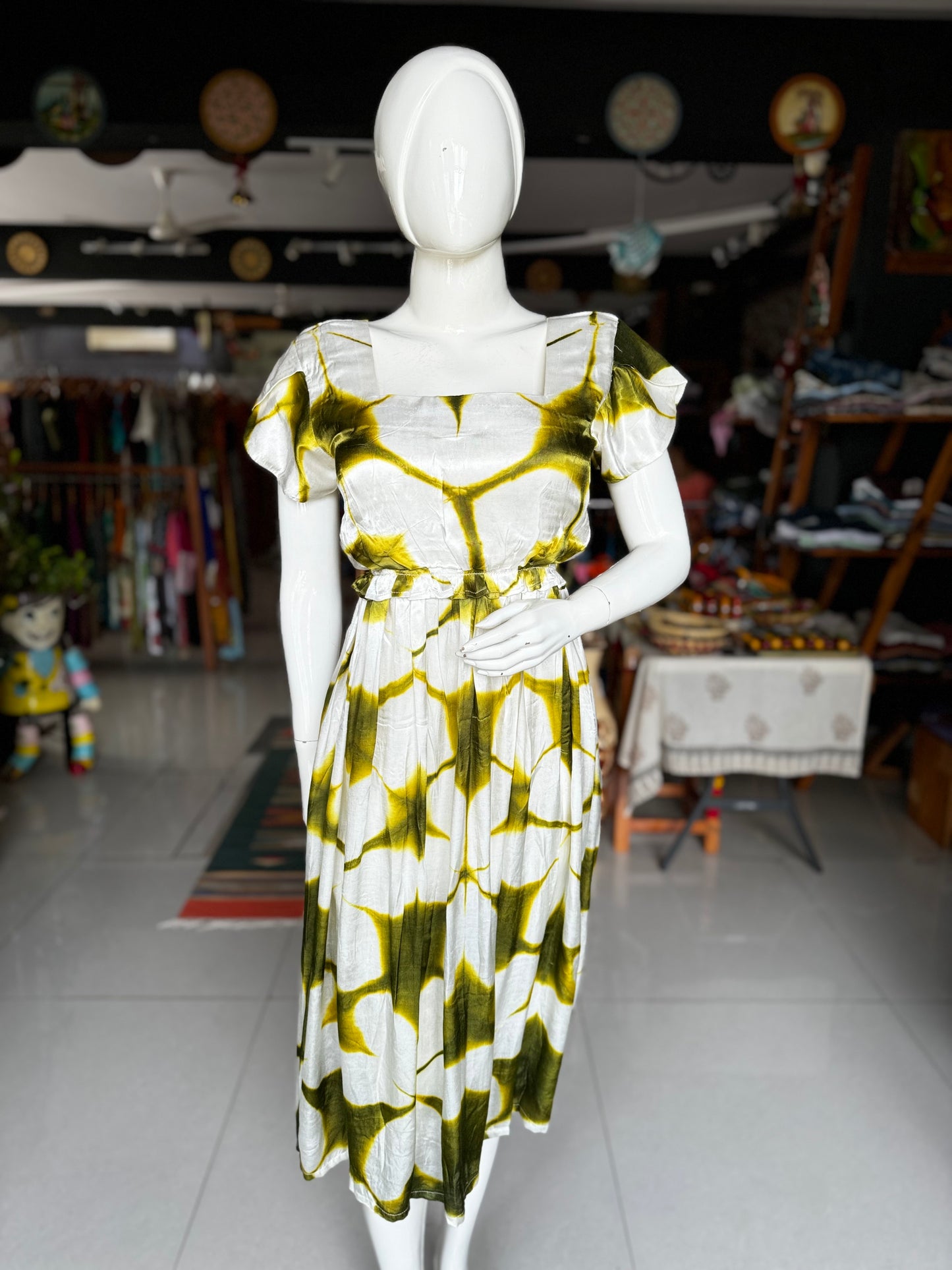White and green clamp dyed soft and flowy modal dress