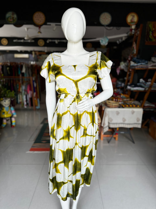 White and green clamp dyed soft and flowy modal dress