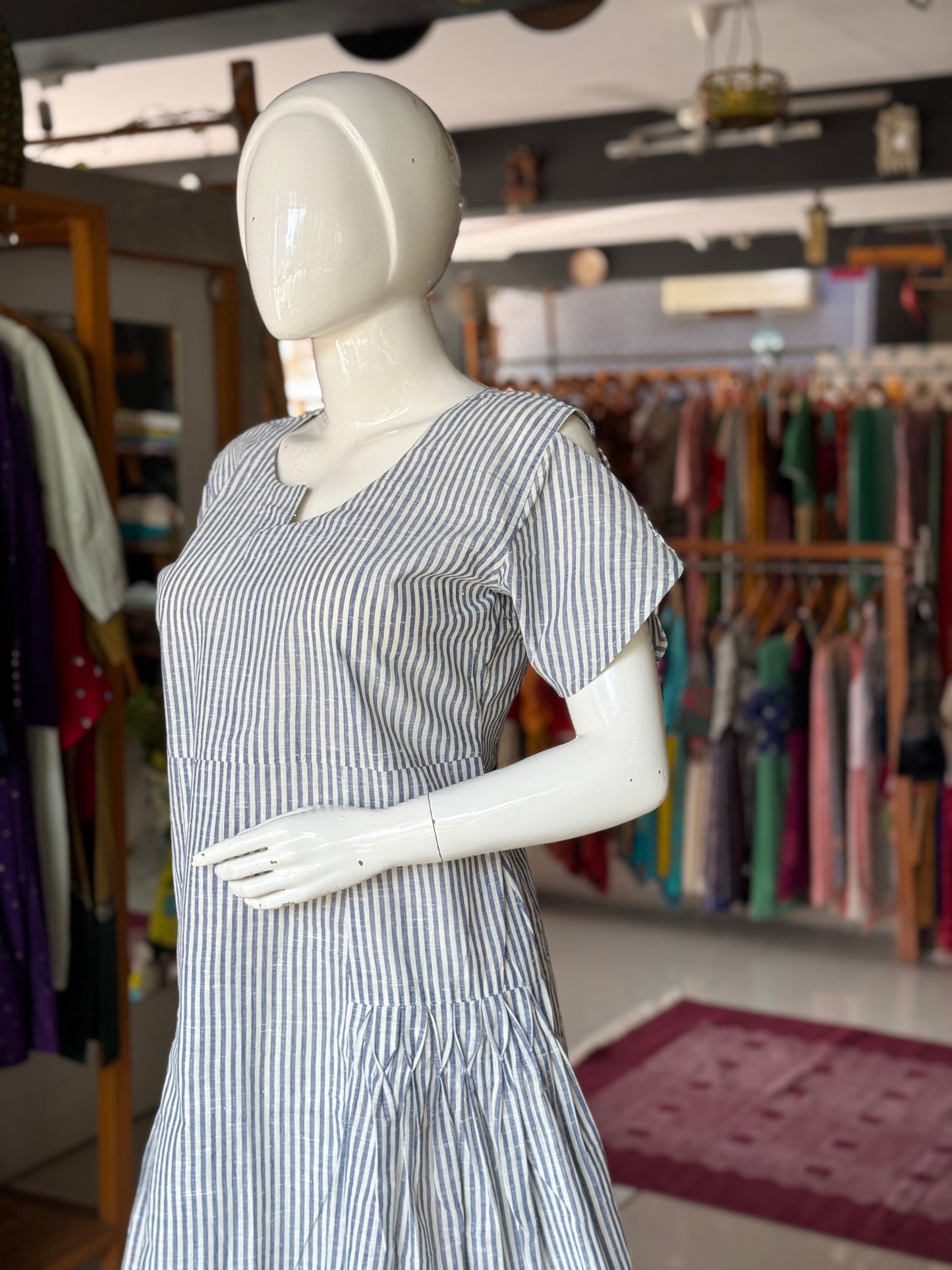 Grey and white stripes handwoven, cotton dress with cinched pleats and asymmetric neckline