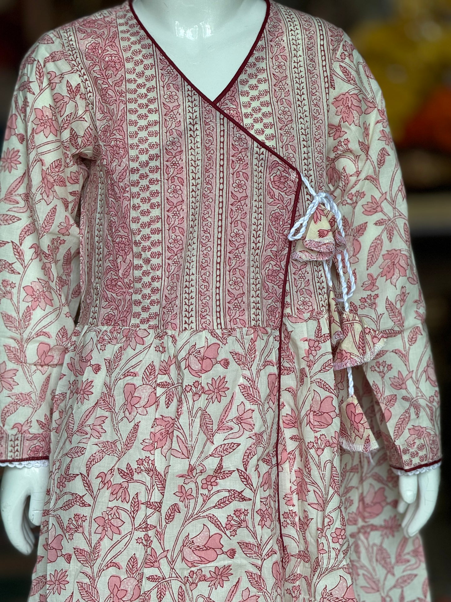 Off white pink floral angrakha style cotton flared kurta and dhoti pants set for girls with lace detailing