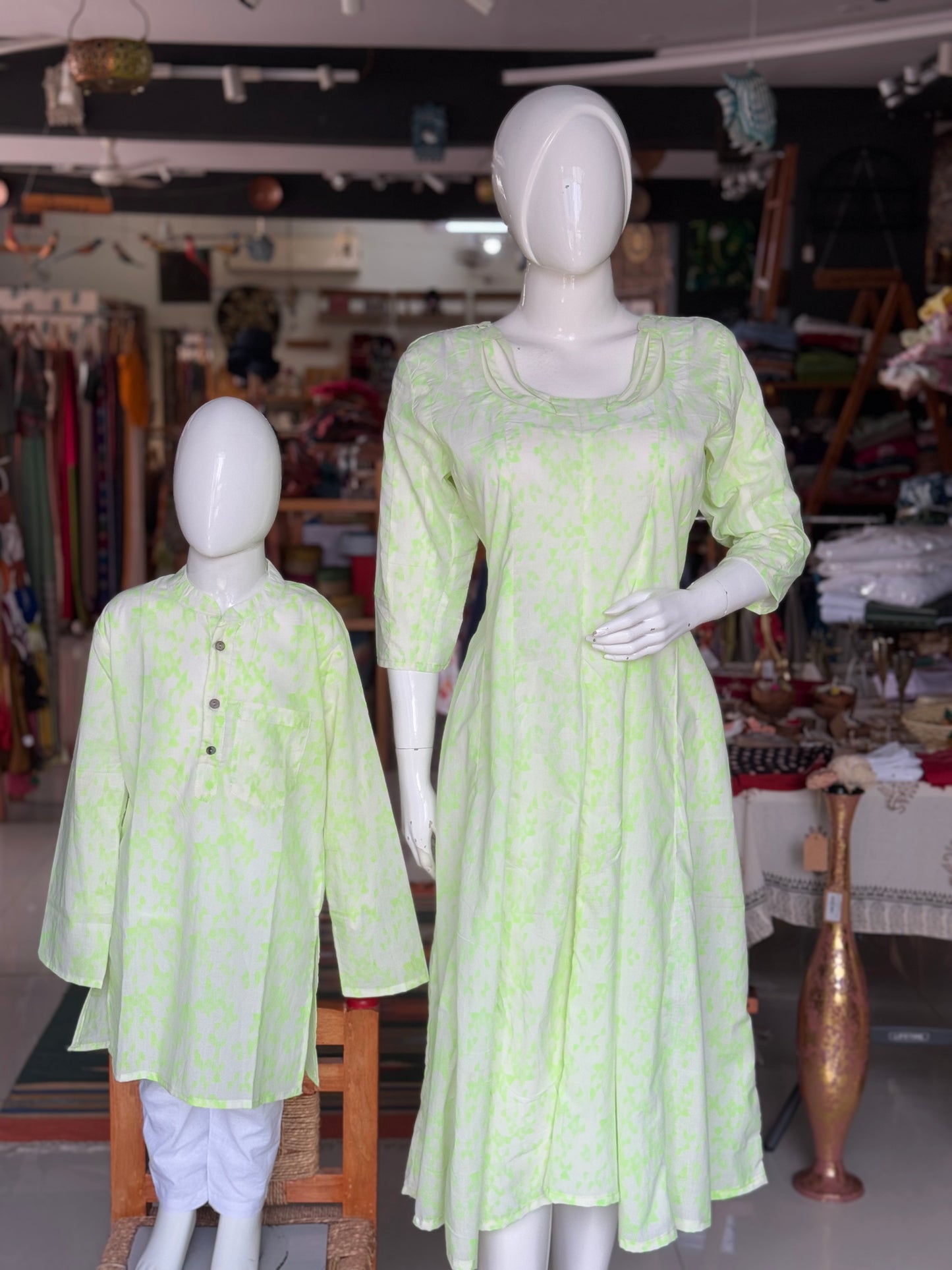 Fluorescent Green hand block printed cotton long kurta for boys