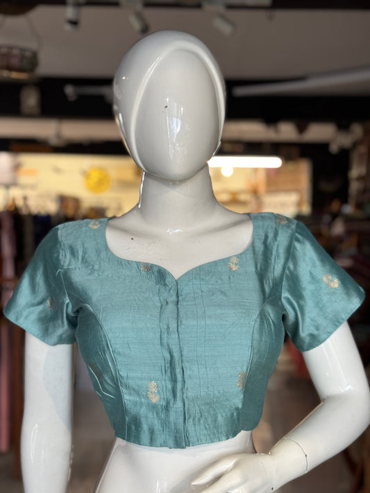 Pastel blue hand woven pure silk blouse with flower butis - front open, with lining