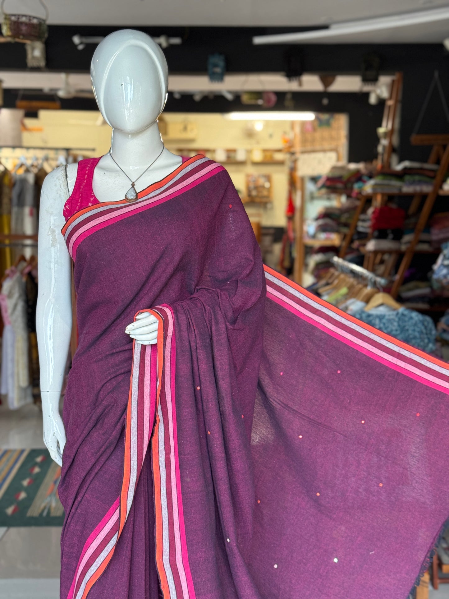 Kala cotton hand woven saree with mirror embroidery on palla and colorful borders - multiple shades available