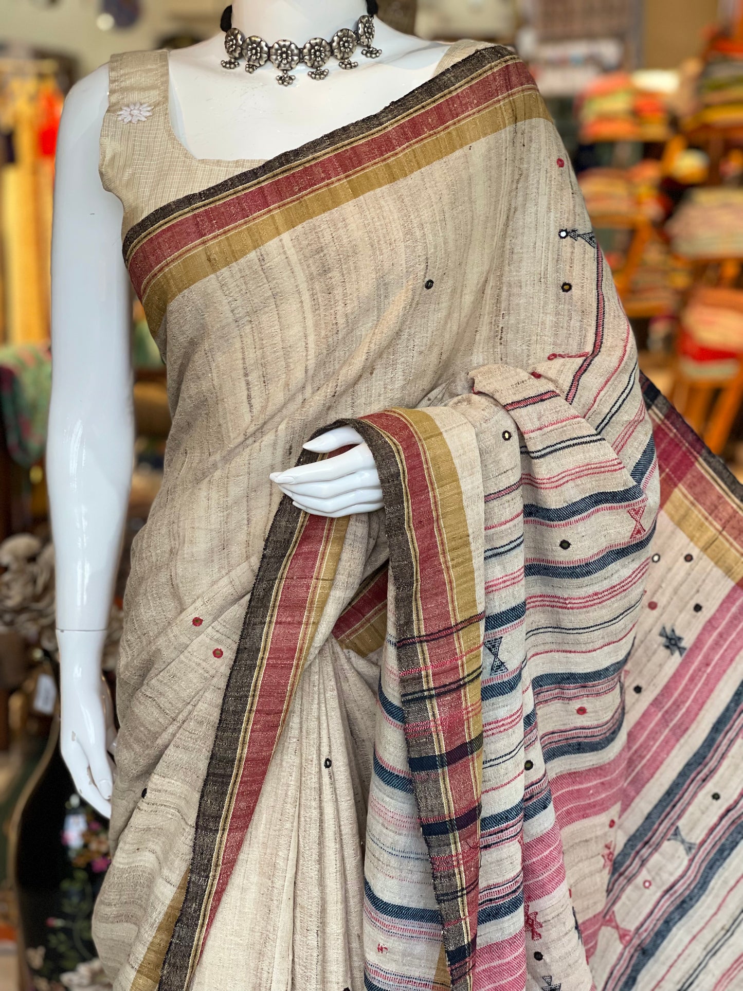 Natural dyed tussar x kala cotton hand woven Bhujodi saree with mirror embroidery