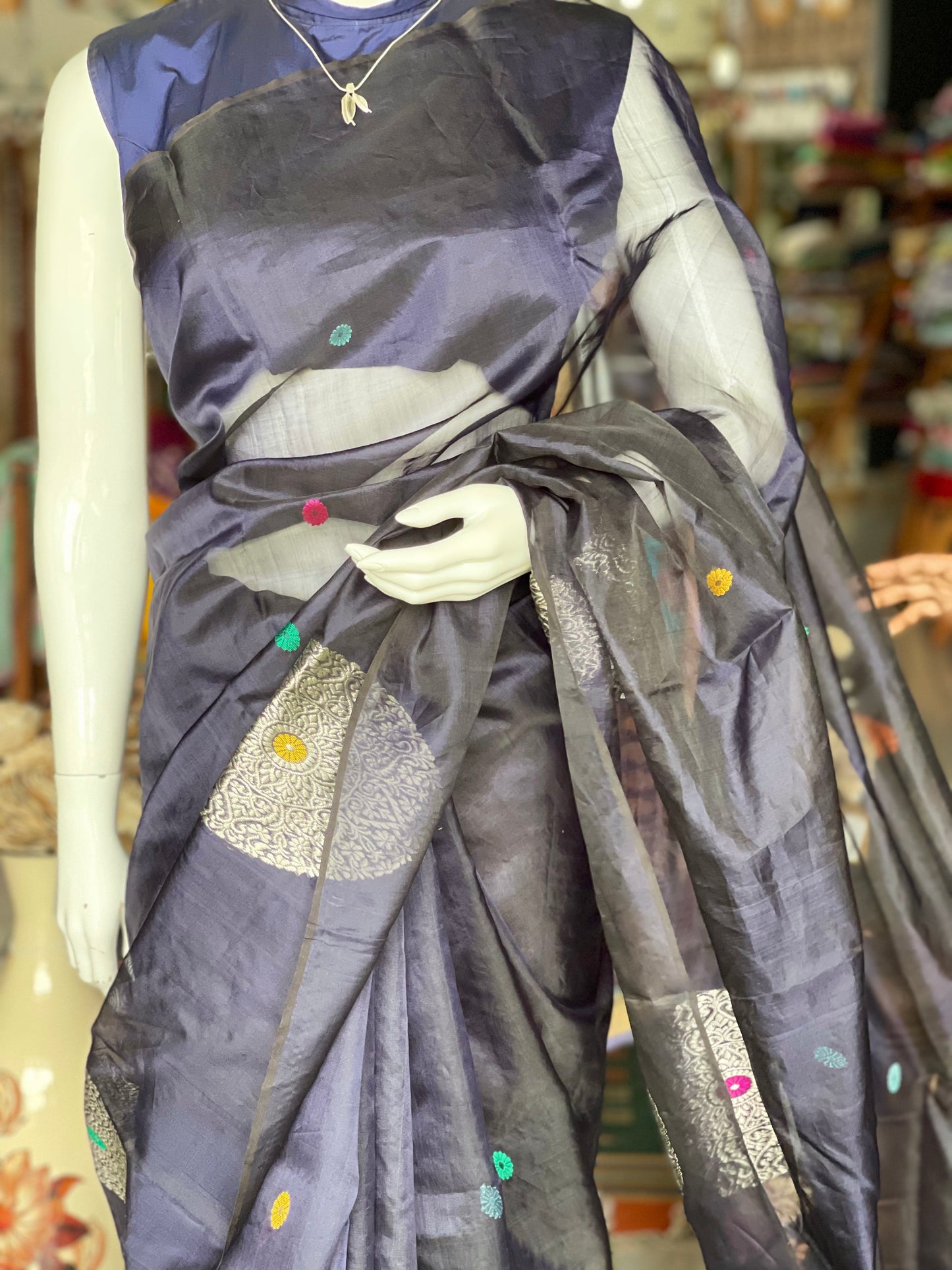 Navy blue Chanderi katan silk handwoven saree with big silver ball butis and colourful round butis