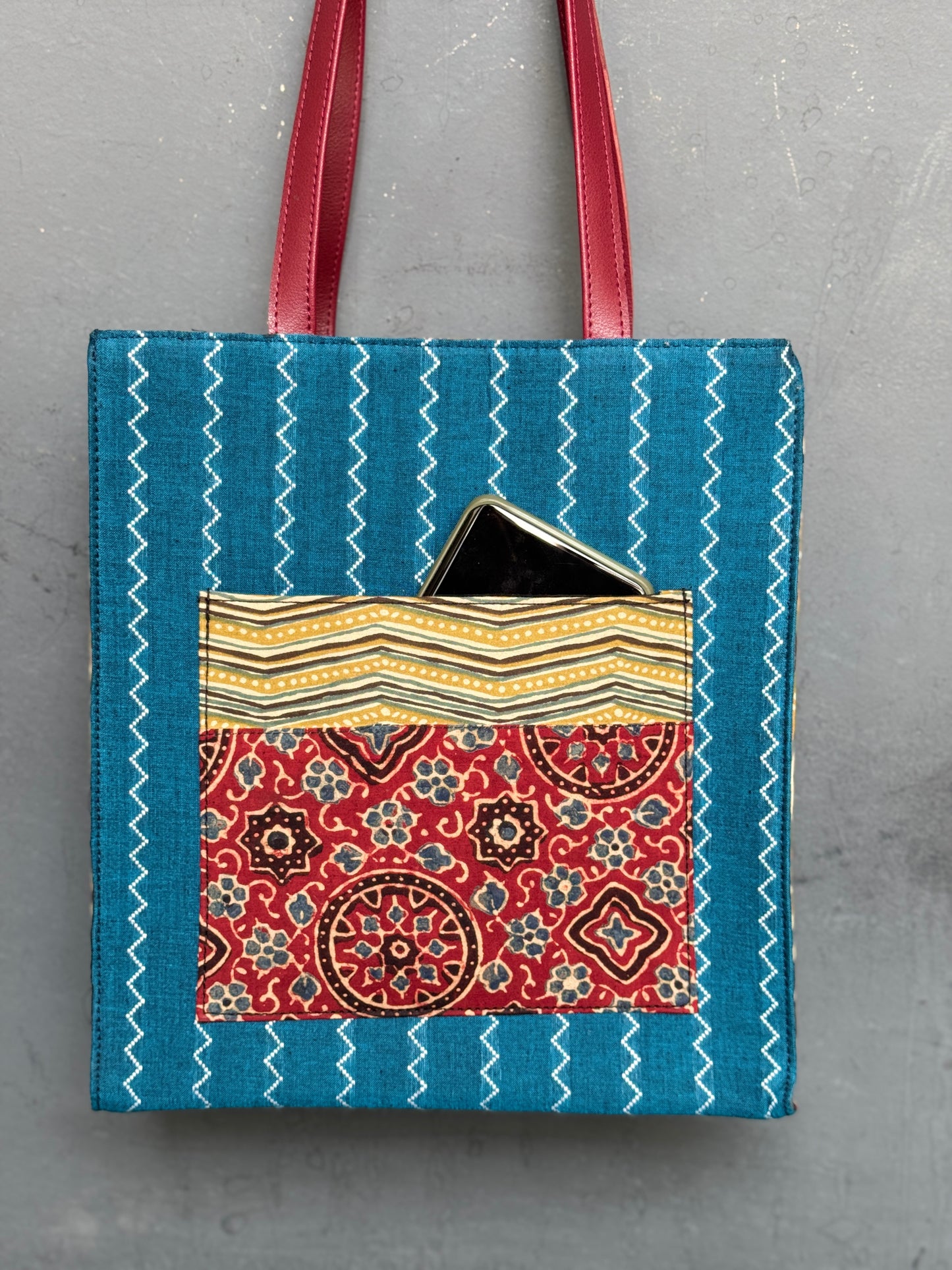 Wide base hand block printed, fabric tote bag with front patch pocket