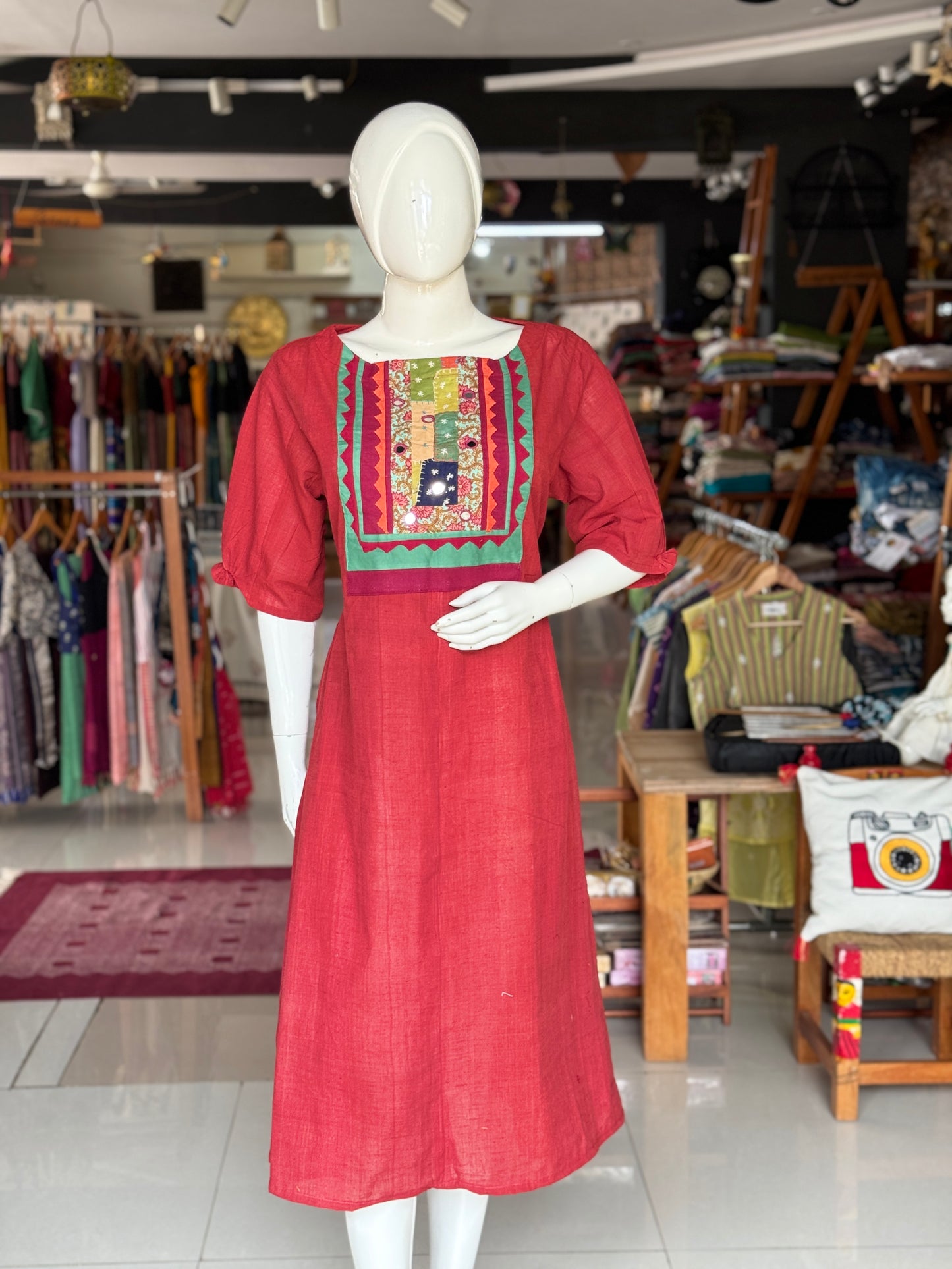 Maroon handwoven cotton A-line dress / kurti with hand embroidered appliq neck patch
