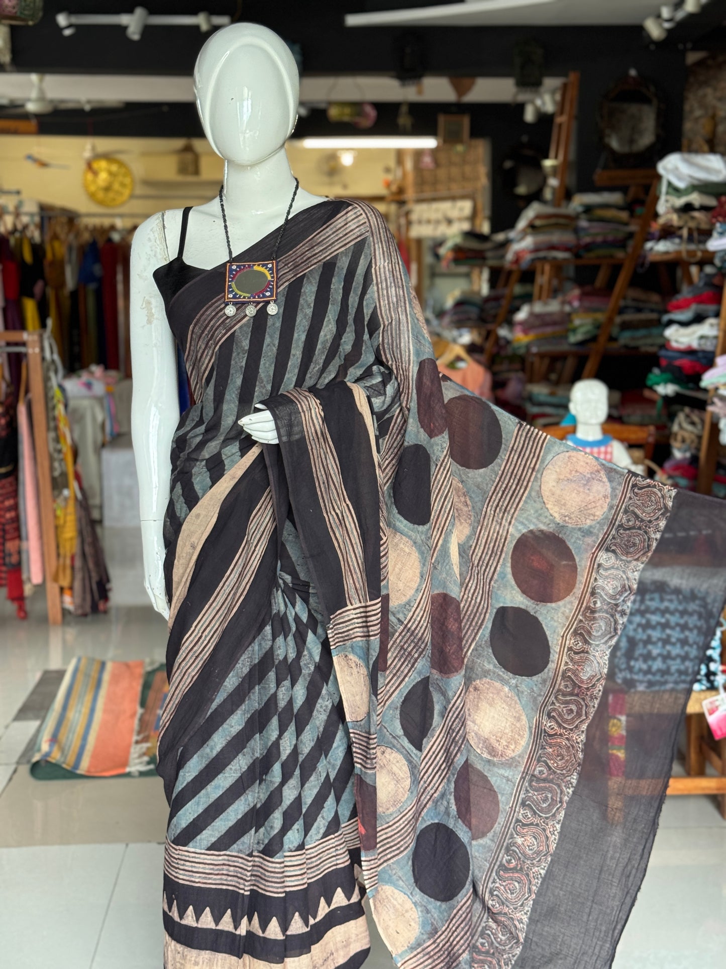 Black and Indigo stripes and circles design Ajrakh hand block printed soft mul cotton saree