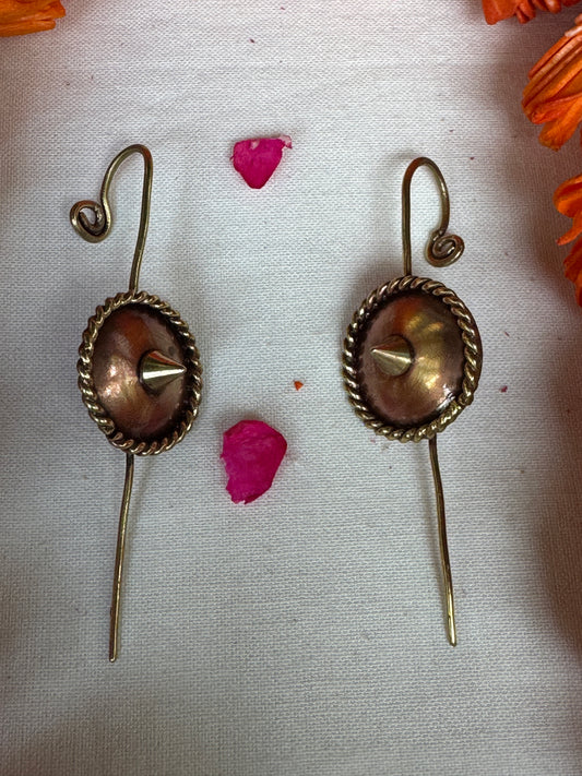Shield design ear clip ons - Brass and copper