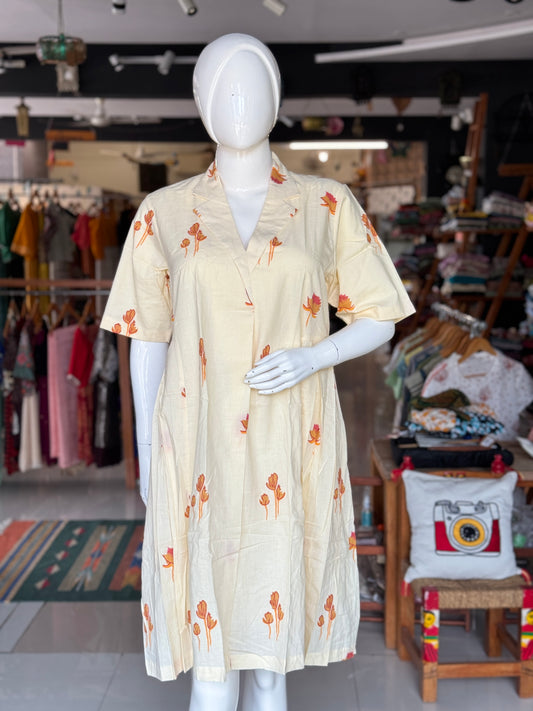 Cream floral hand block printed collared cotton dress