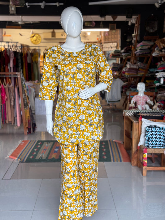 Mustard floral printed cotton 2 piece lounge wear / night dress set