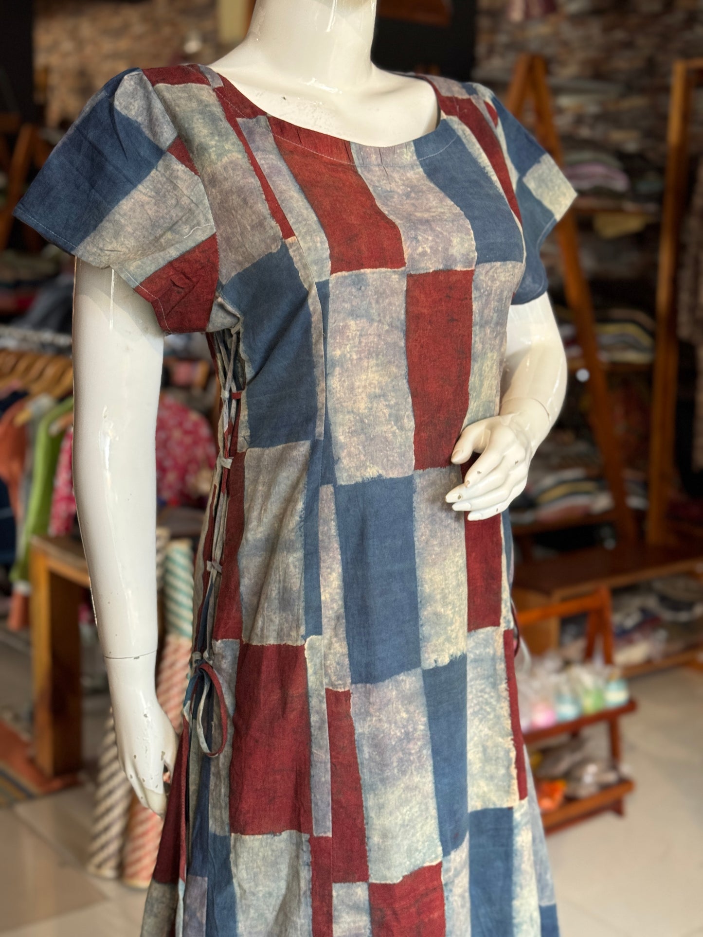 Ajrakh rectangles print side ties dress - cotton, natural dyed, hand block printed