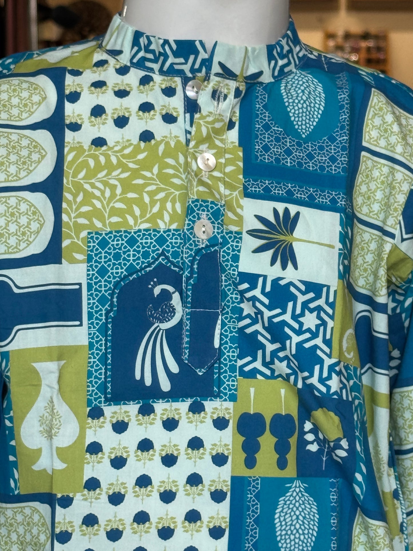 Green blue peacock n floral printed kurta for boys