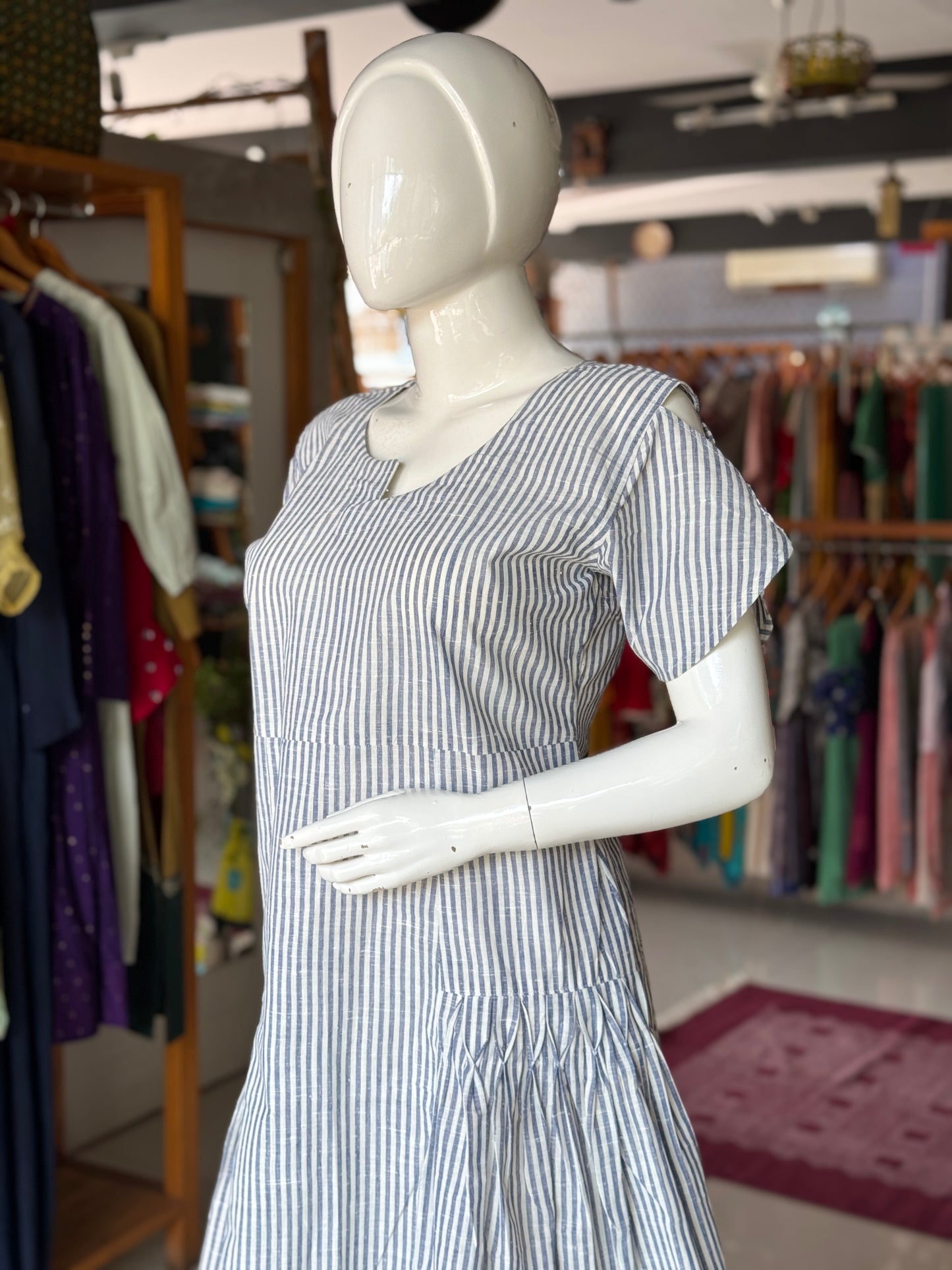 Grey and white stripes handwoven, cotton dress with cinched pleats and asymmetric neckline