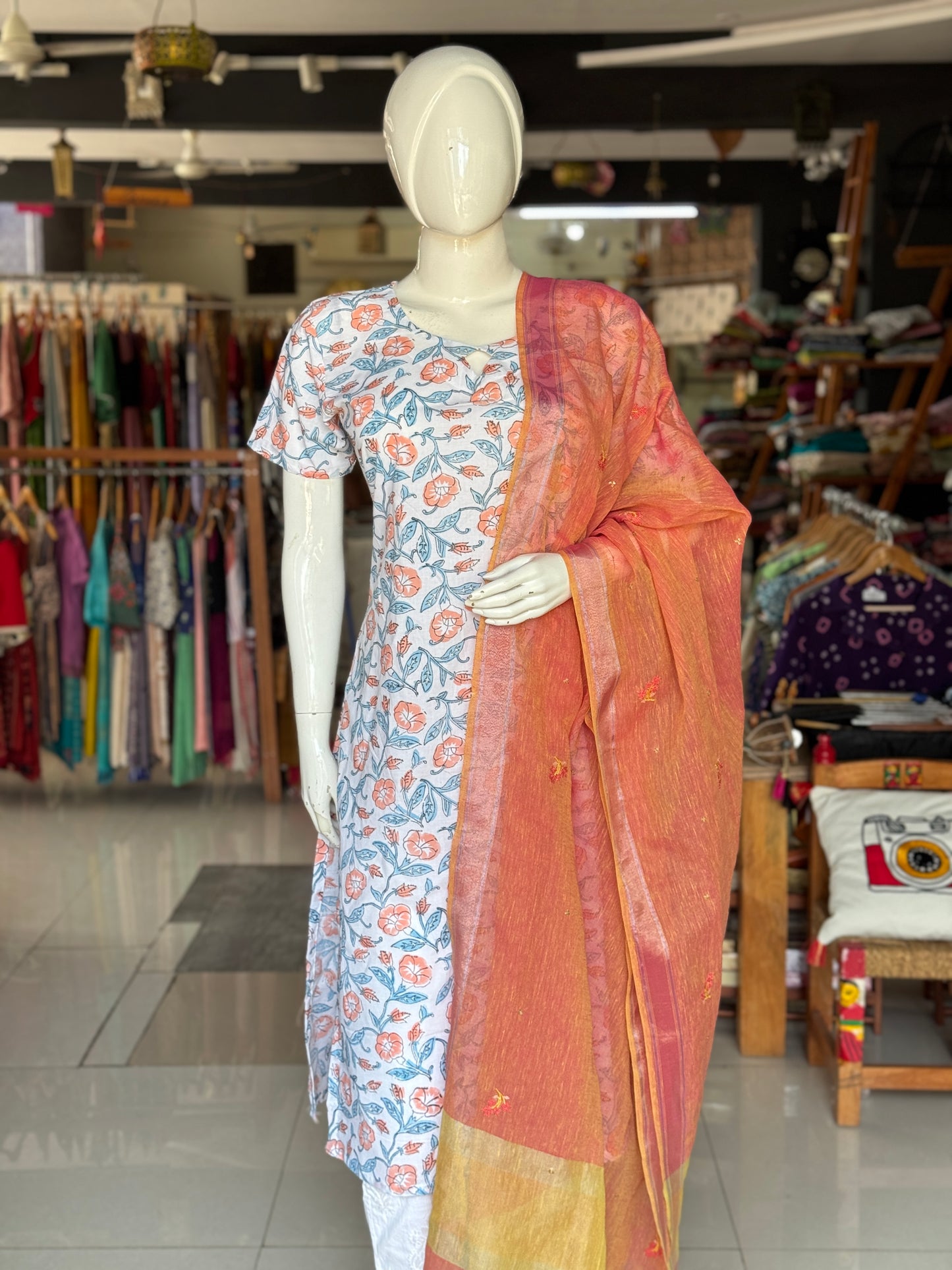 White with peach flowers and blue leaves hand block printed cotton straight kurti
