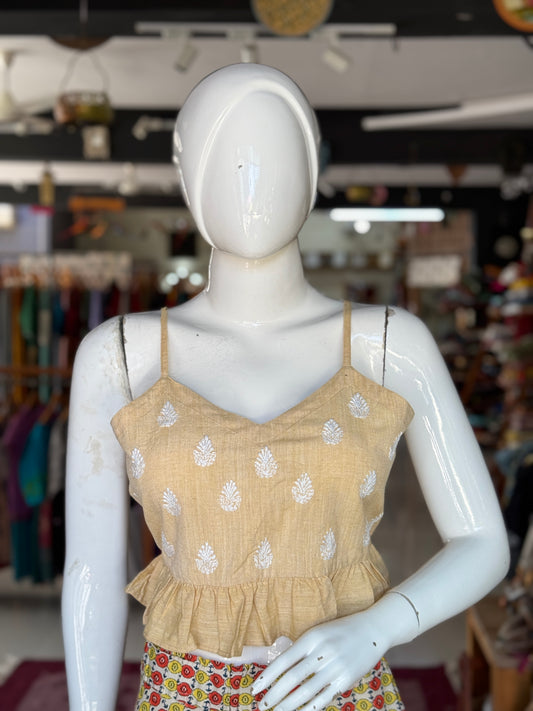 Frilled hem Crop top / blouse with thin straps -  Chikankari hand embroidered handwoven cotton crop top / blouse