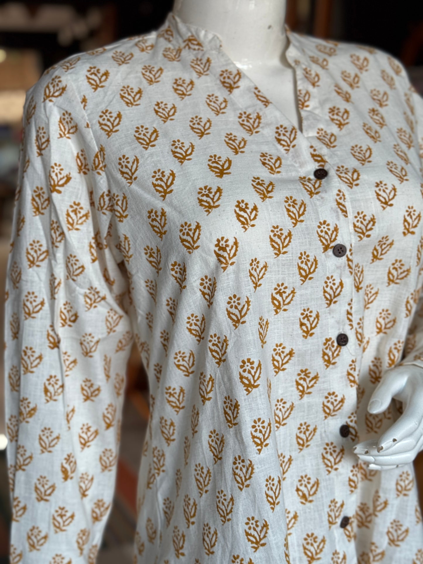 Off white floral Chinese collared top with V-neckline - hand block printed, Hand spun, hand woven cotton