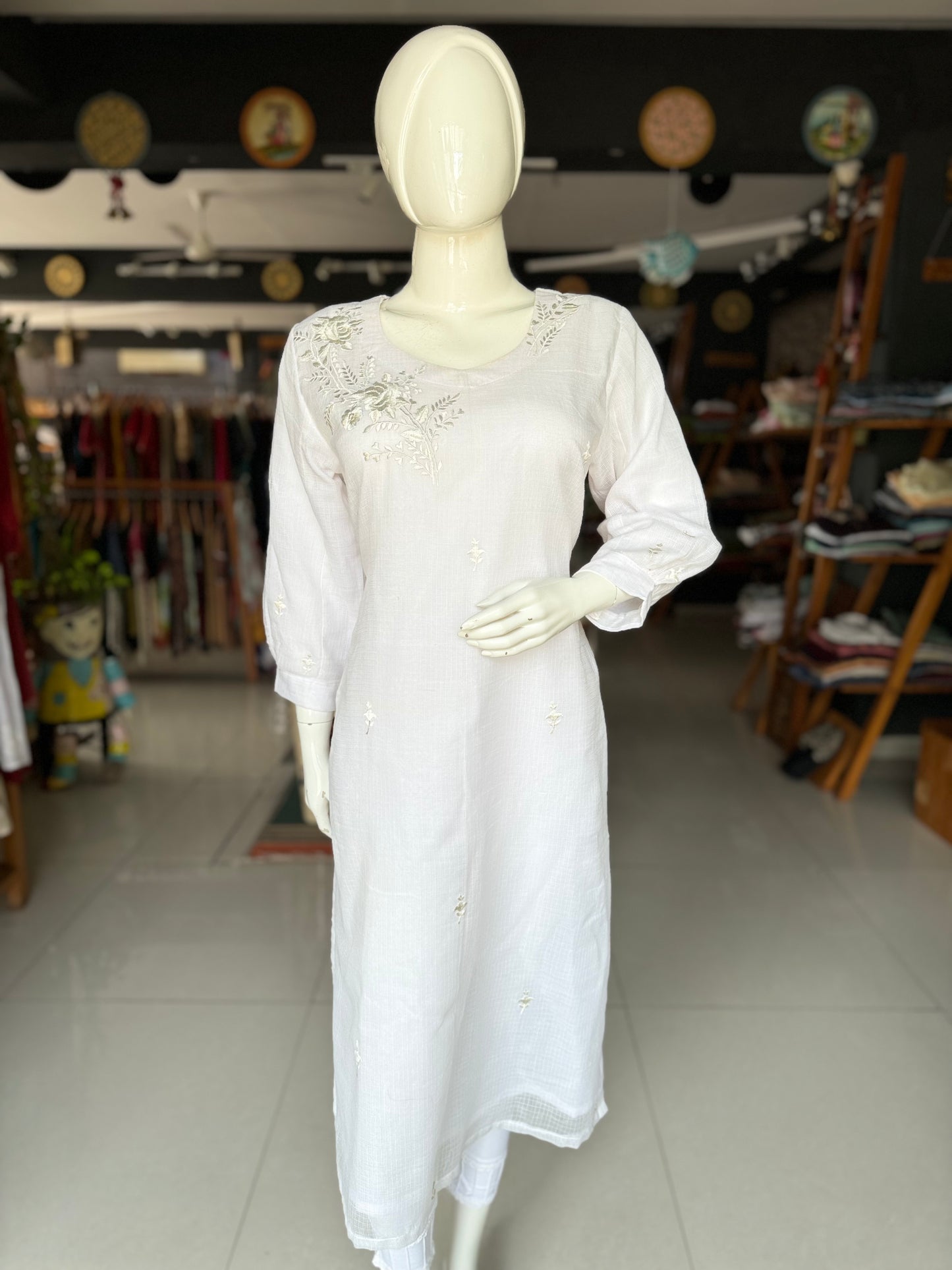 Snow White kota cotton embroiderd straight kurti with long sleeves