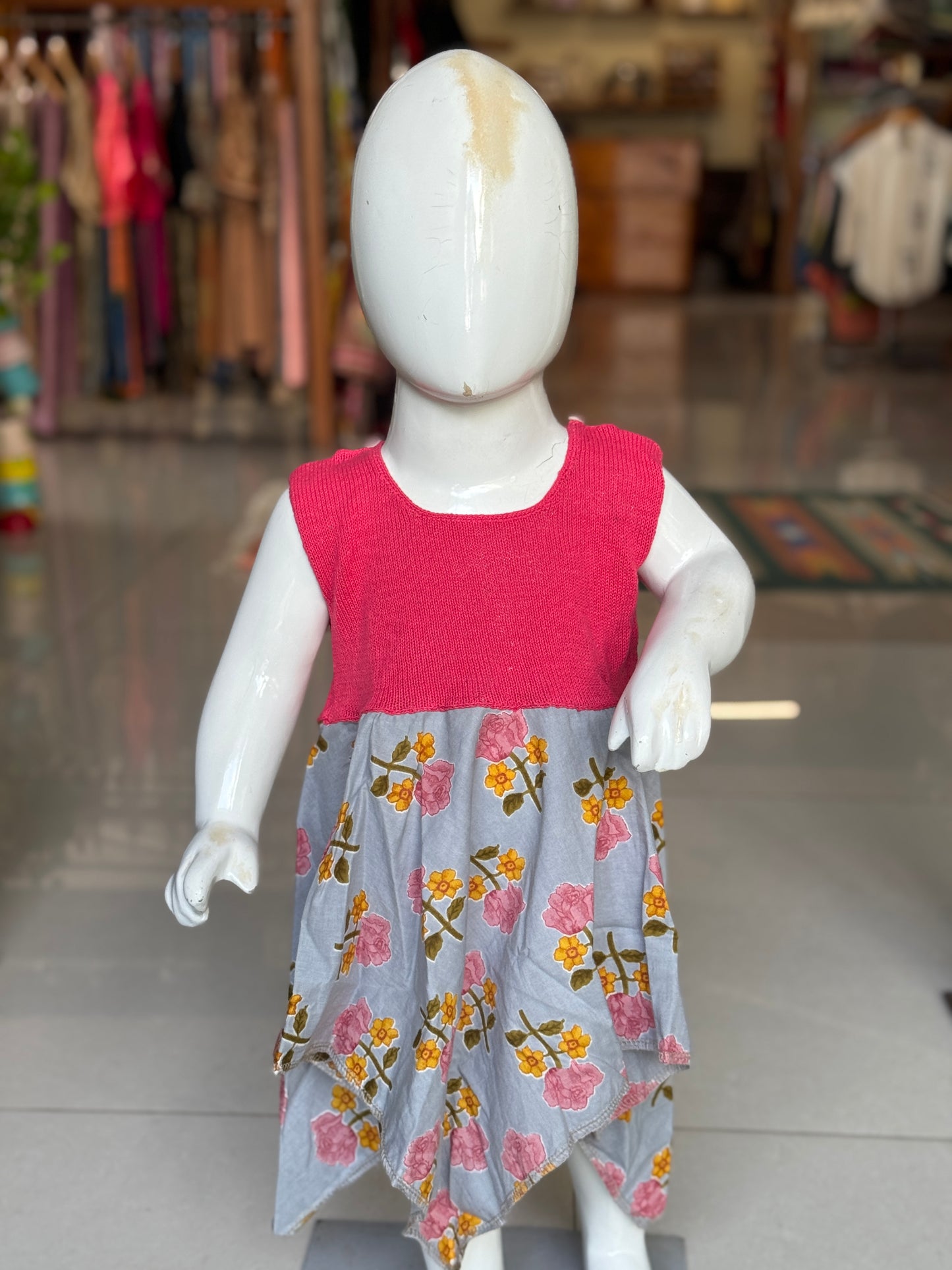 Crochet hand work yoke with hand block printed kerchief cut soft cotton frock