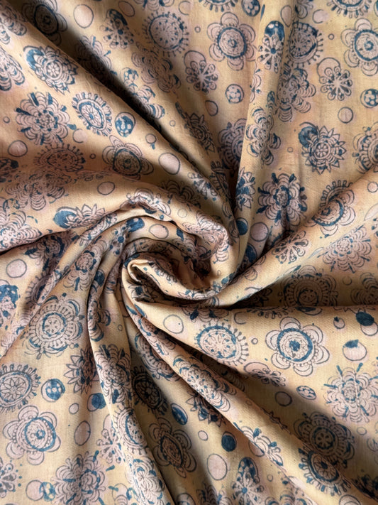 Blue flowers n circles pattern hand block printed natural dyed Kalamkari satin cotton fabric