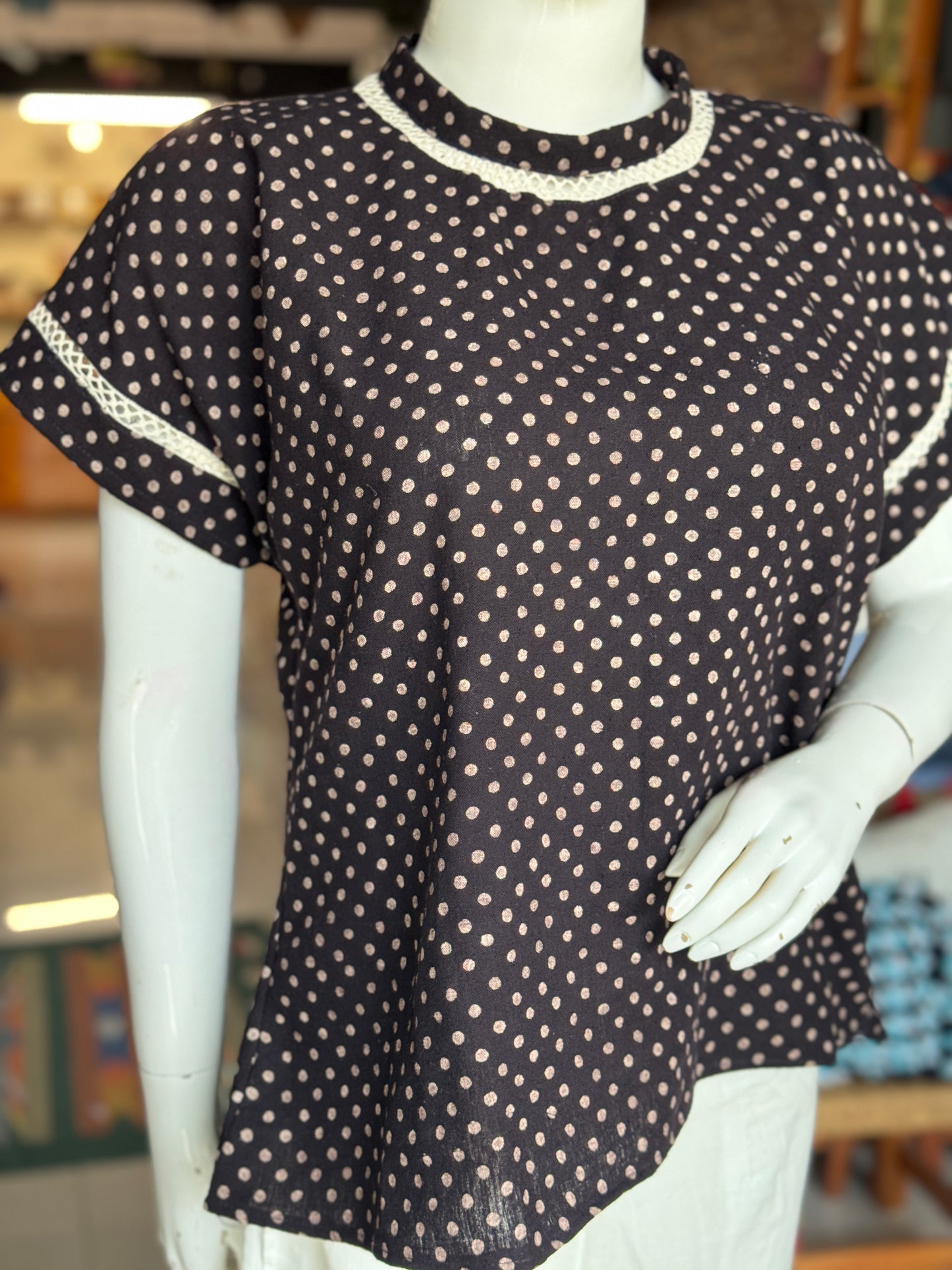 Black polka dots hand woven organic kala cotton top with lace detailing - hand block printed, natural dyed, hand woven