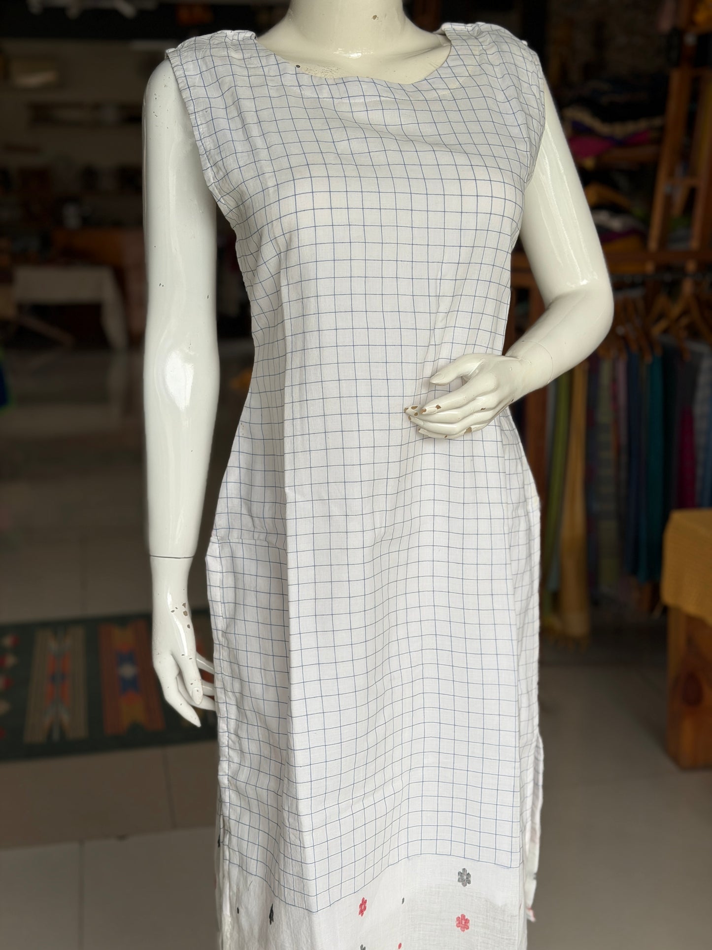 White n blue checks soft cotton handloom Jamdani kurti