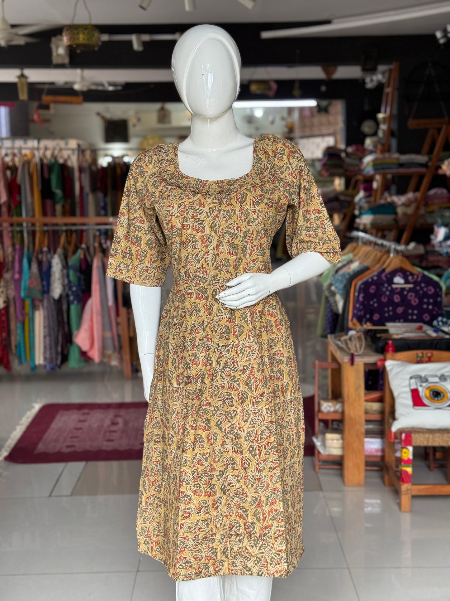 Kalamkari hand block printed cotton straight kurti with fancy neckline