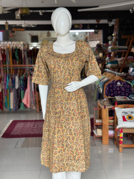 Kalamkari hand block printed cotton straight kurti with fancy neckline