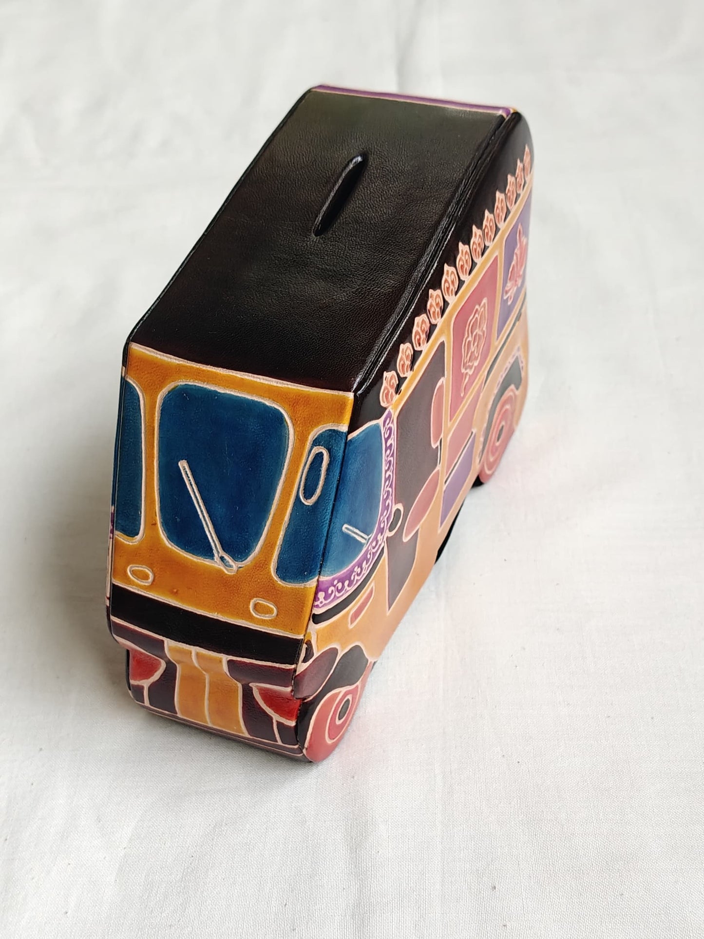 Leather handcrafted money bank - embossed and painted - multiple designs available