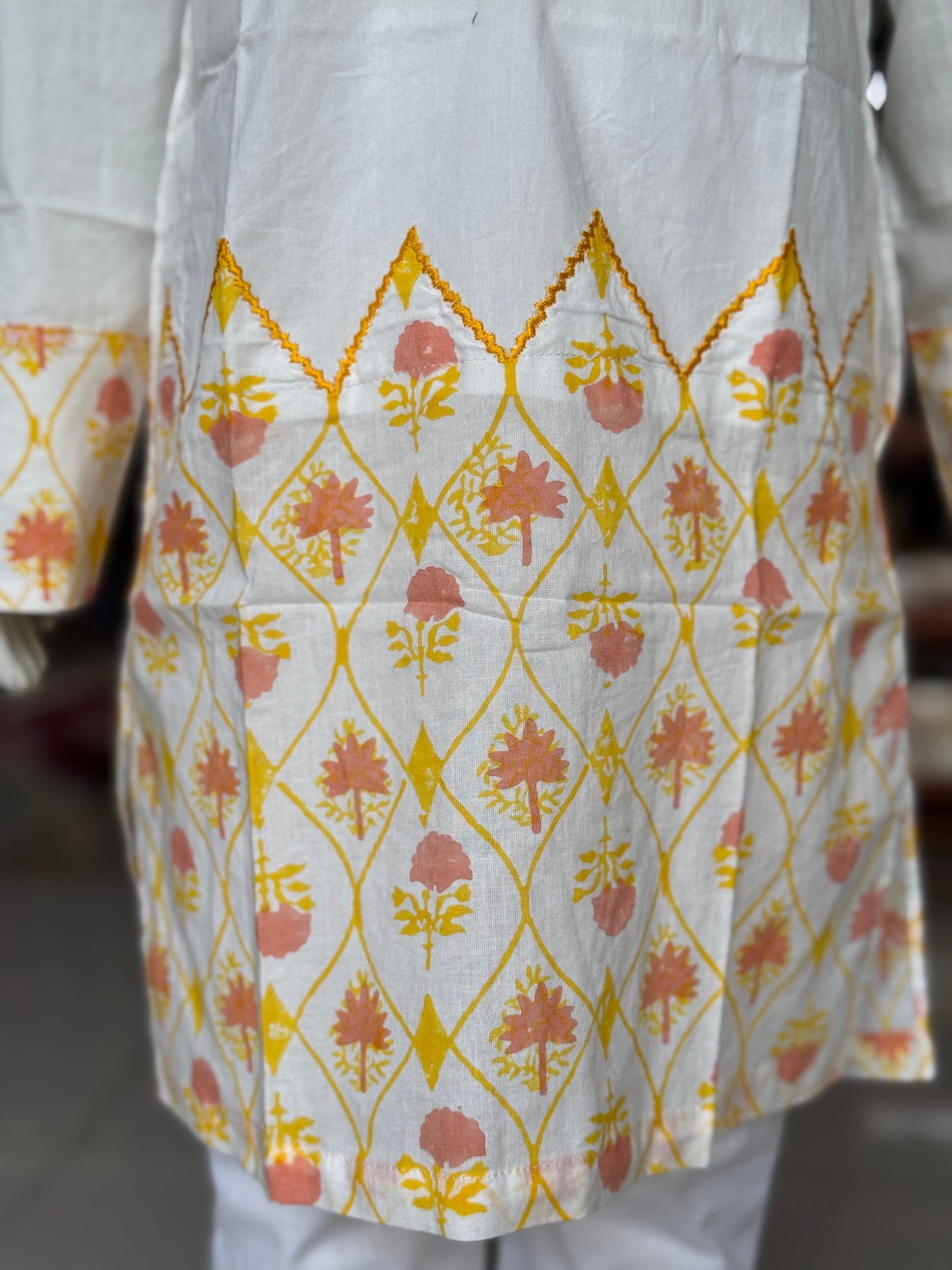 Off white floral hand block printed cotton long kurta for boys with embroidery detailing