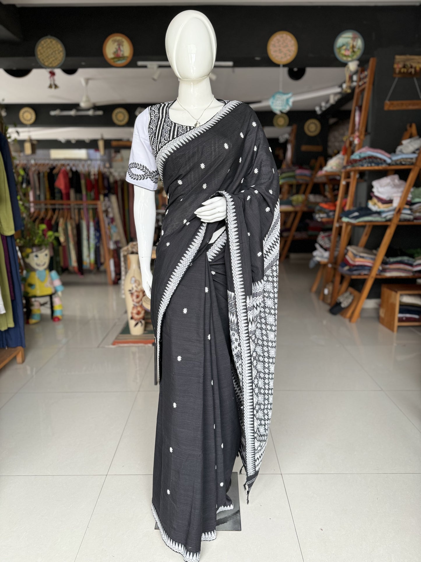 Black pure cotton Assam handloom saree with white motifs
