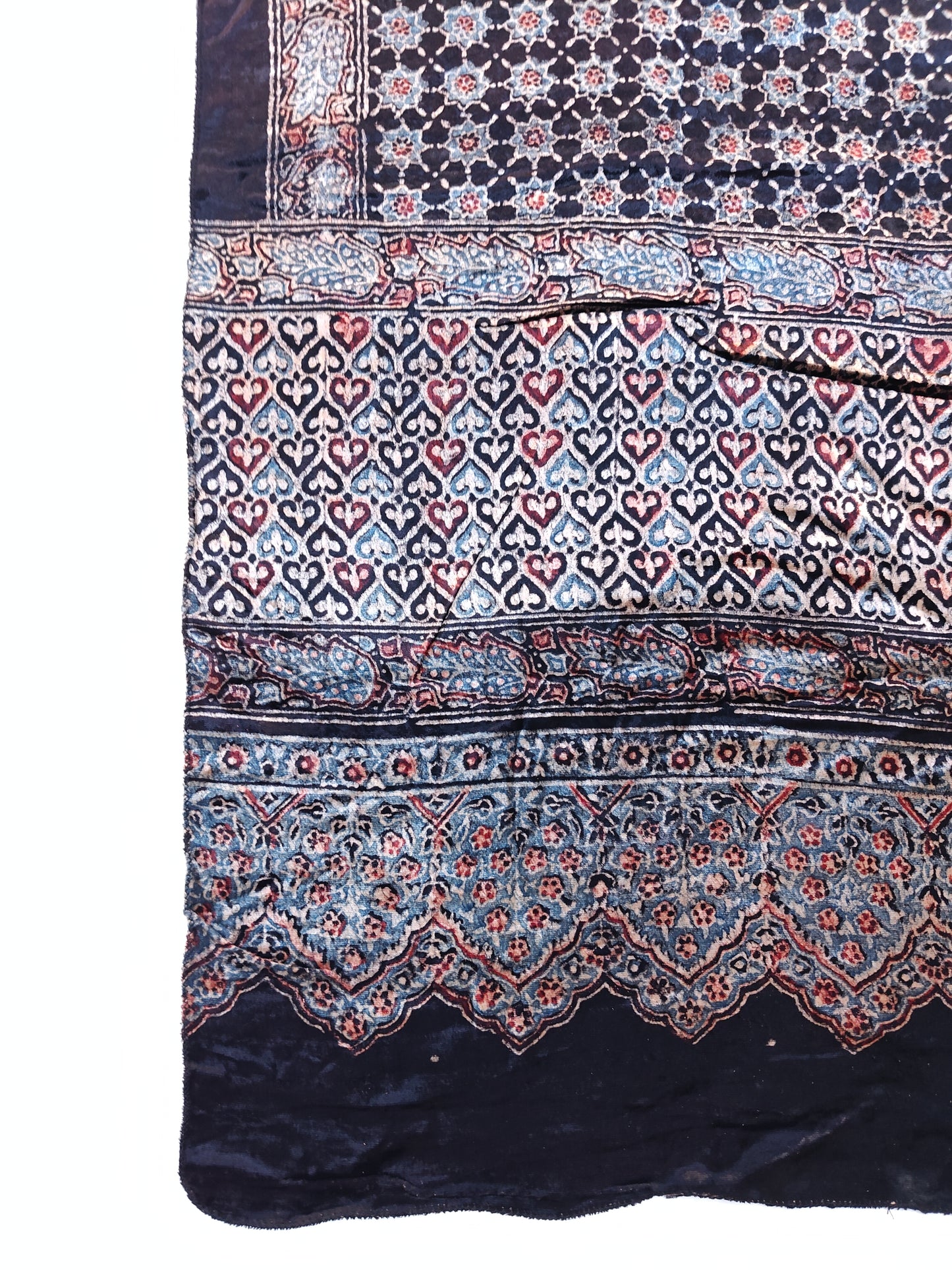 Black stars and hearts print velvet stole with hand block Ajrakh prints