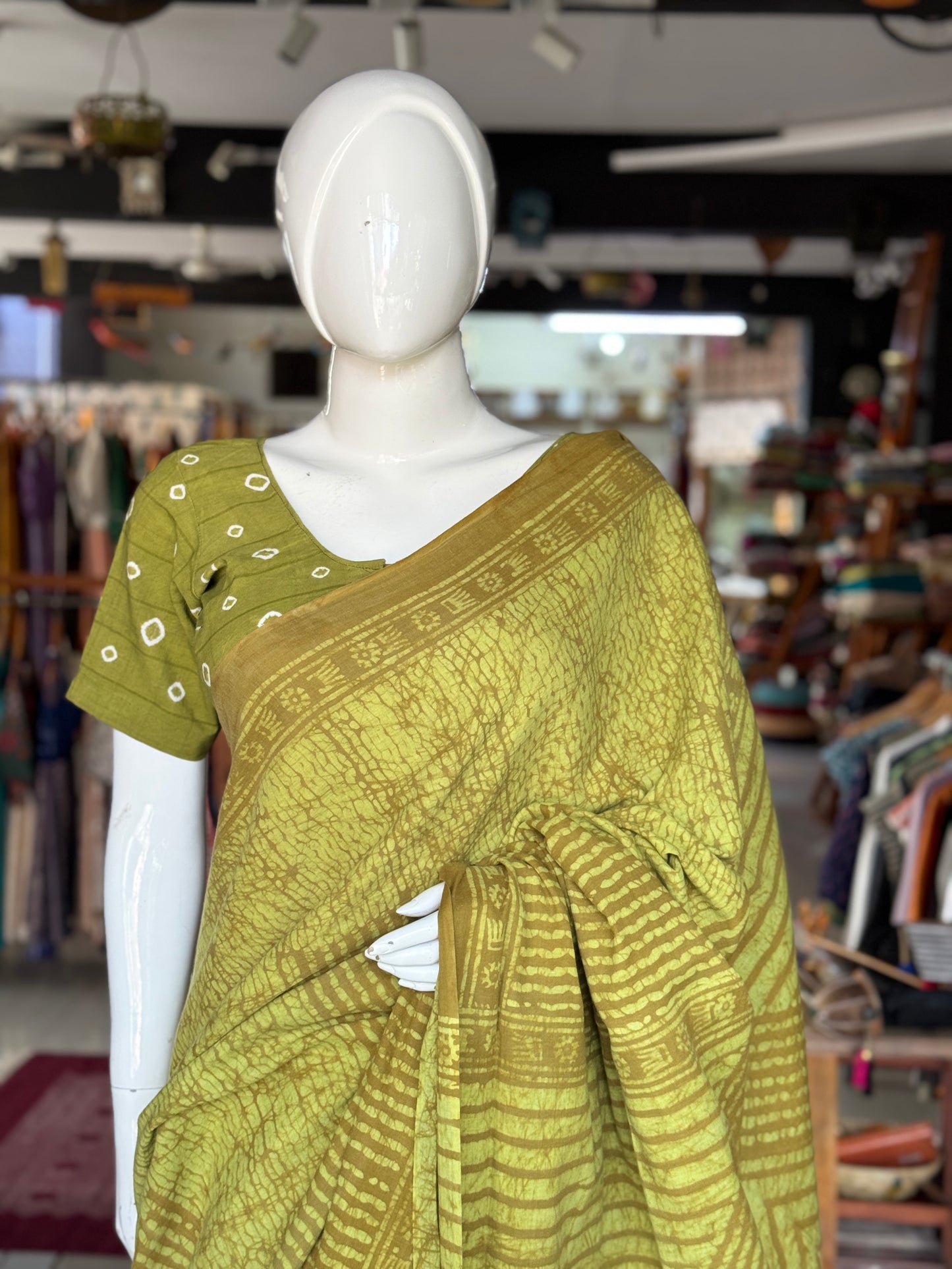 Olive green hand batik soft cotton saree