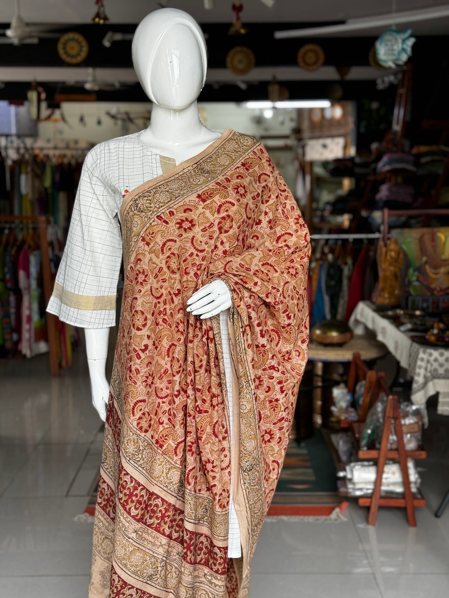 Beige cotton kalamkari handblock printed dupatta with natural dyes - maroon floral print